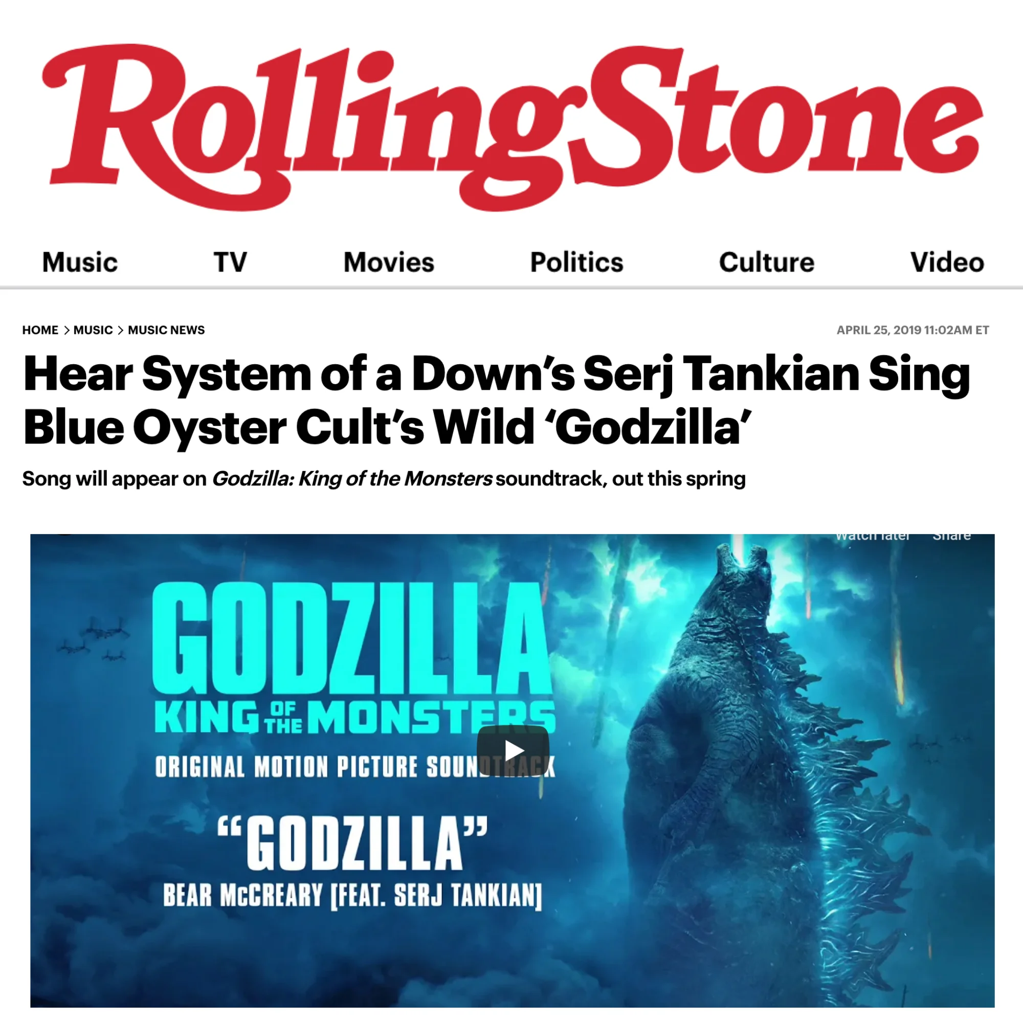 Rolling Stone shares exclusive tracks from Bear McCreary's "Godzilla: King of the Monsters" soundtrack