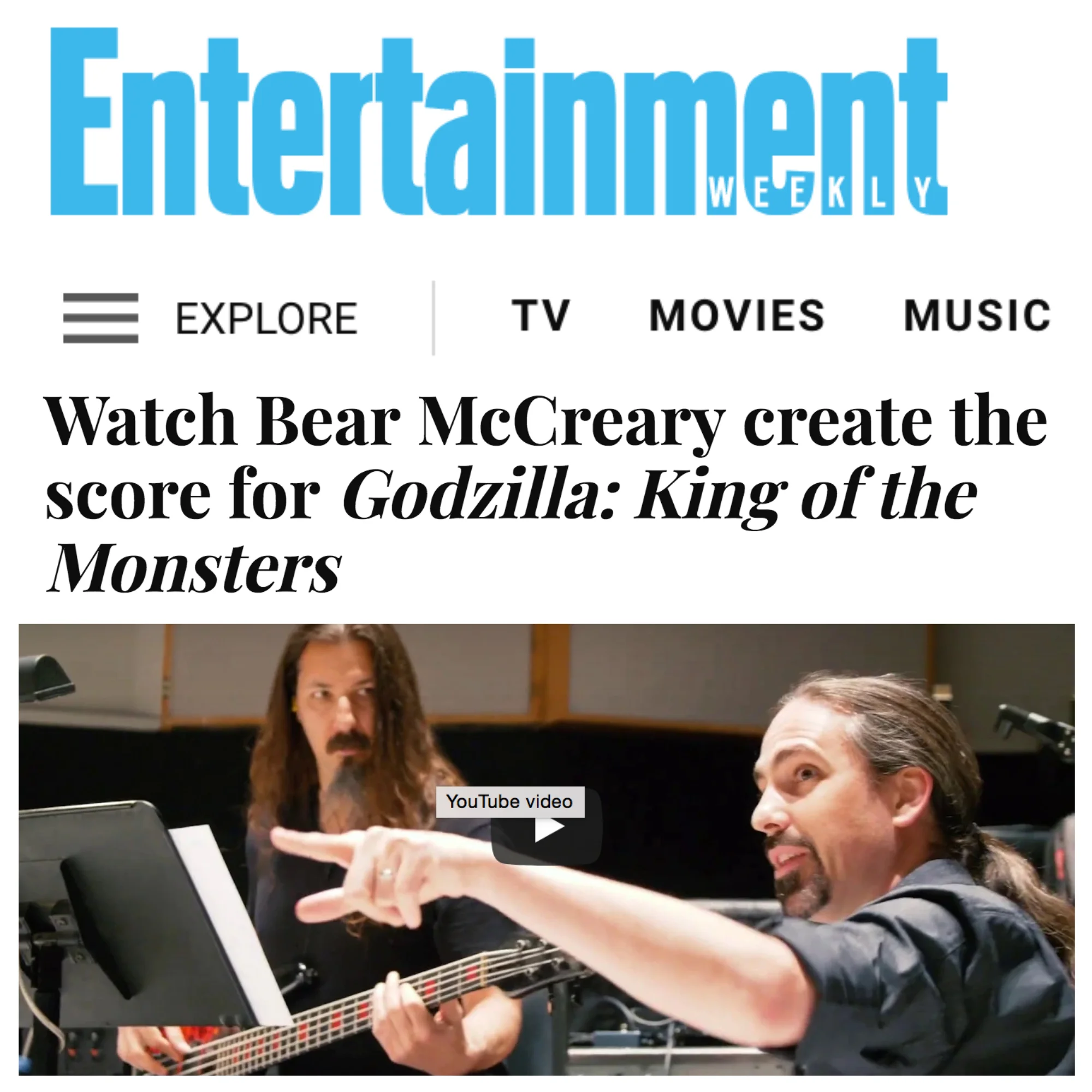 Entertainment Weekly shares Bear McCreary's exclusive behind the scenes video on the making of the score for "Godzilla: King of the Monsters."