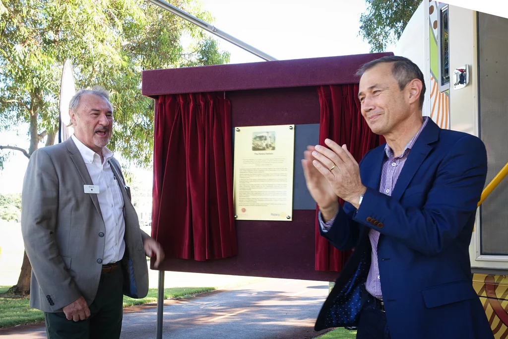 Paul Higginbotham and Deputy-Premier Roger Cook launch the new Rotary Earbus
