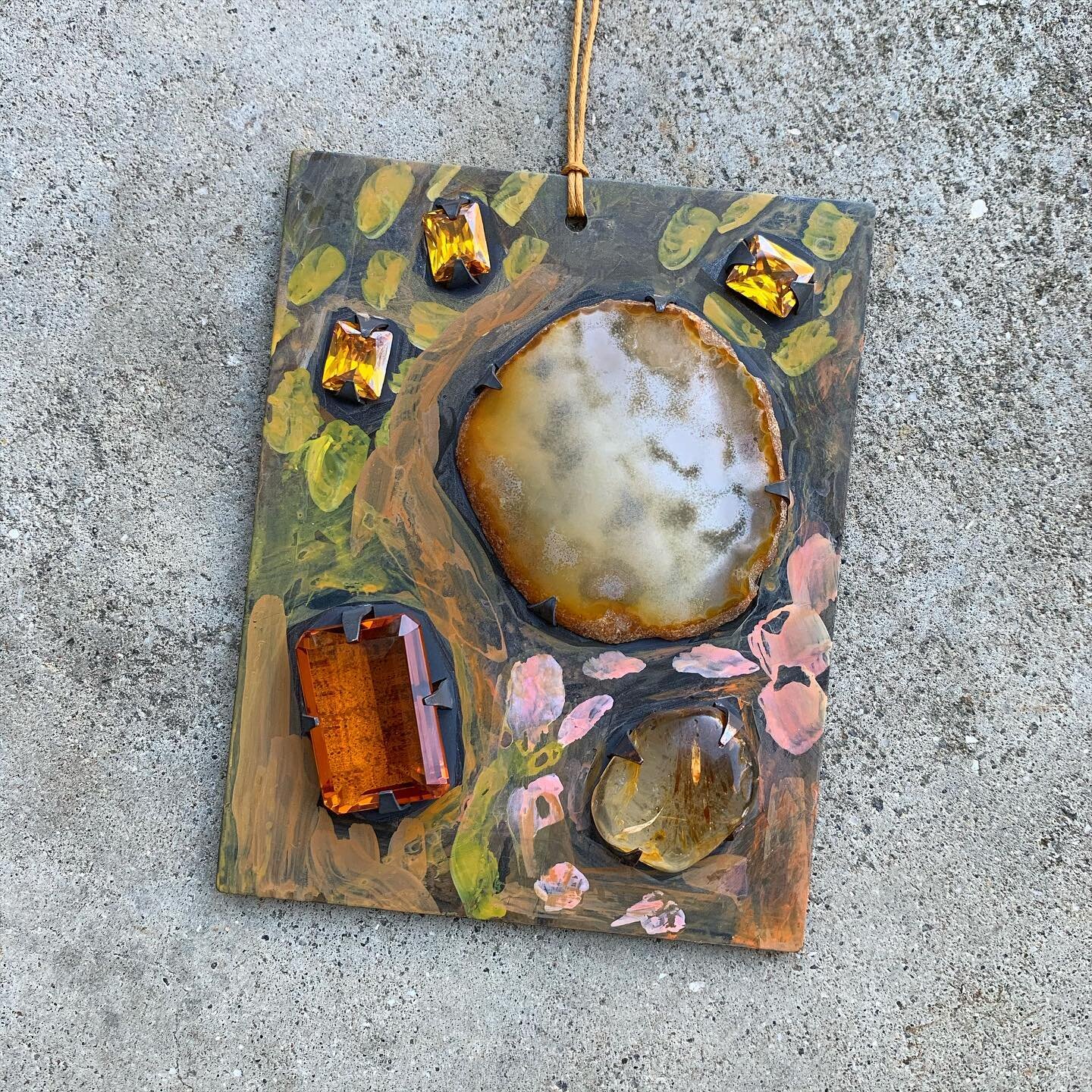 Alpenglow pendant 2020- agate, cubic zirconias, crystal glass, kauri gum, copper, patina paint, cotton cord.