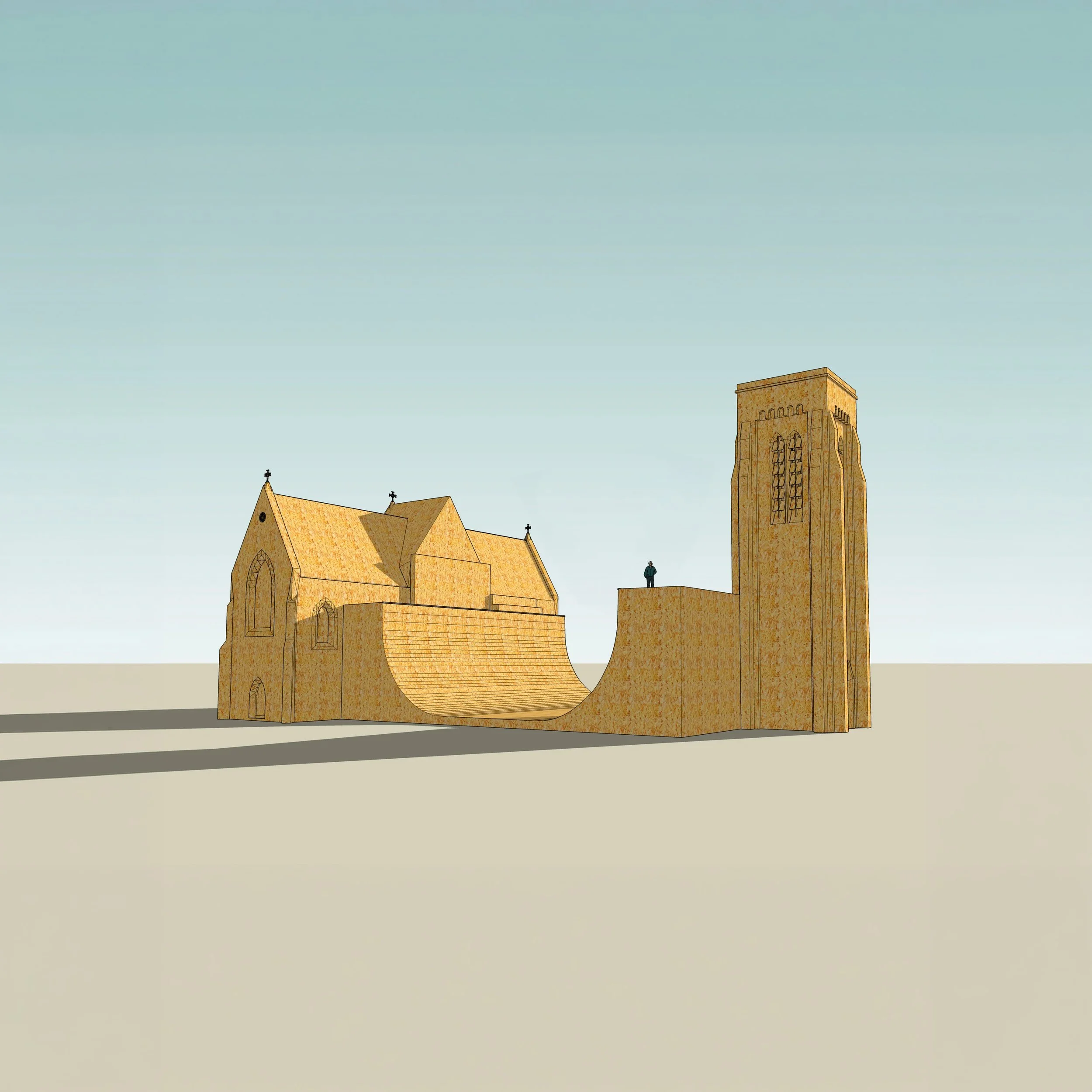  Halfpipe (romanesque)  Sperrholz, Größe variabel, hier: 50 x 21 x 30 m, 2015  