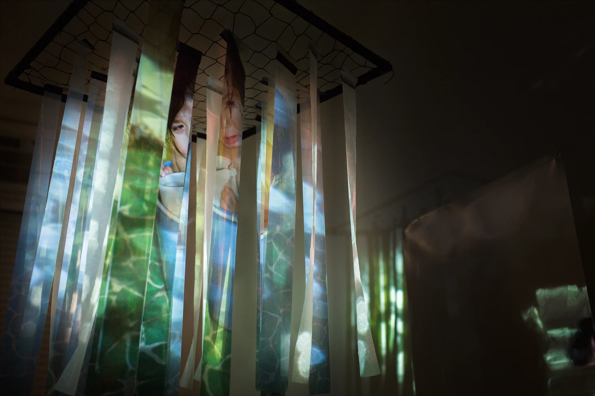 Archival pigment print on transparency, vellum, string, wood, mylar, video projection, fan.
