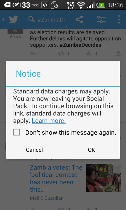 Zambia ‘social bundle’ internet users receive a warning on their mobile phone as soon as they leave Facebook Photo: Wendy Willems