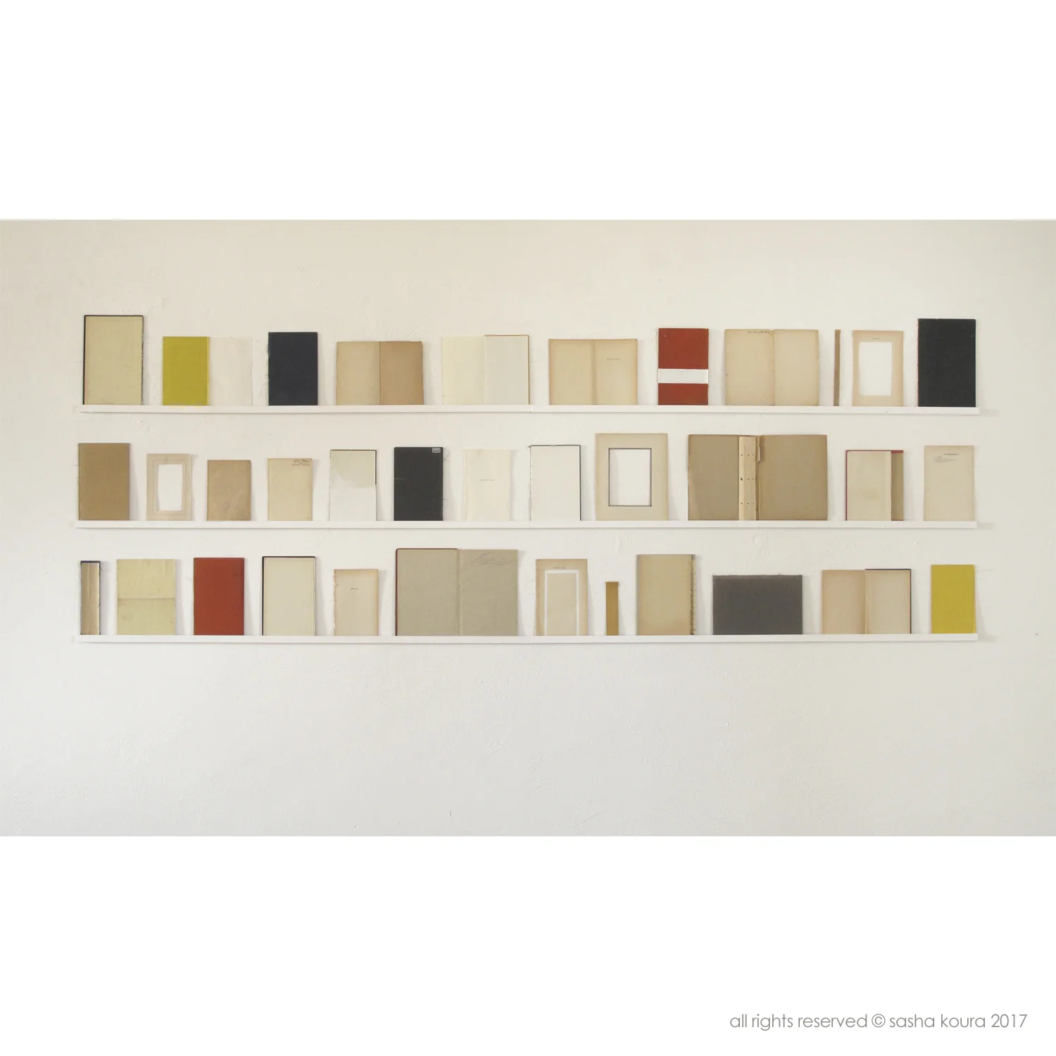 Erzählungen II / © Sasha Koura 2017 / 240cm x 90cm / Card, Paper, Fabric and Emulsion on painted wooden slats