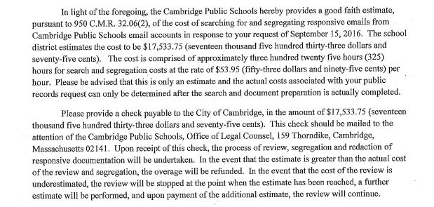 Official response from the City of Cambridge to a request for transparency.