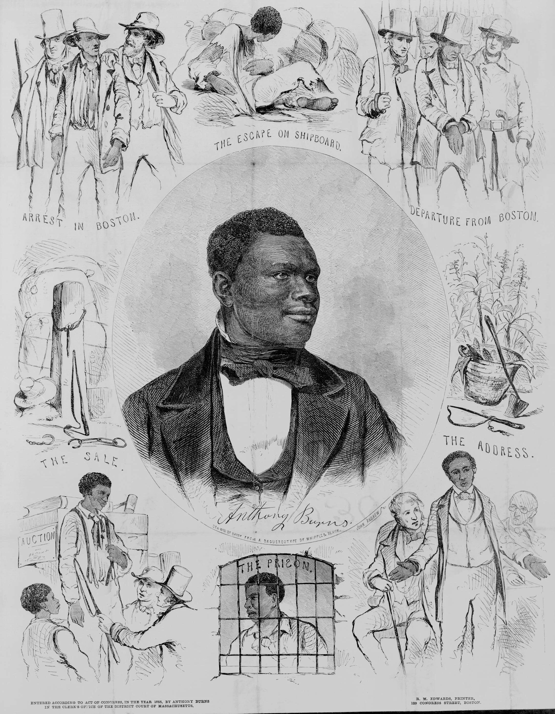 A portrait of Anthony Burns, Boston, R.M. Edwards, printer, 129 Congress Street, Boston, c1855.