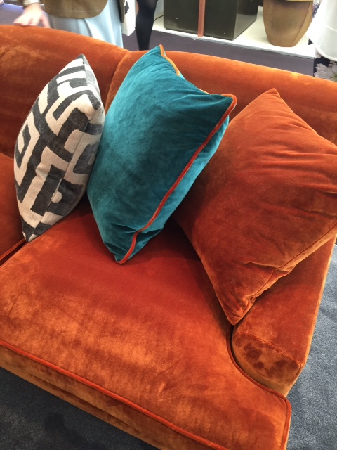 Not all of the cushions need to be piped. Here we like use of the same fabric as sofa, a contrasting colour with the same colour piping as sofa and an introduction of a geometric design that at the first glance looks alien but really adds interest.