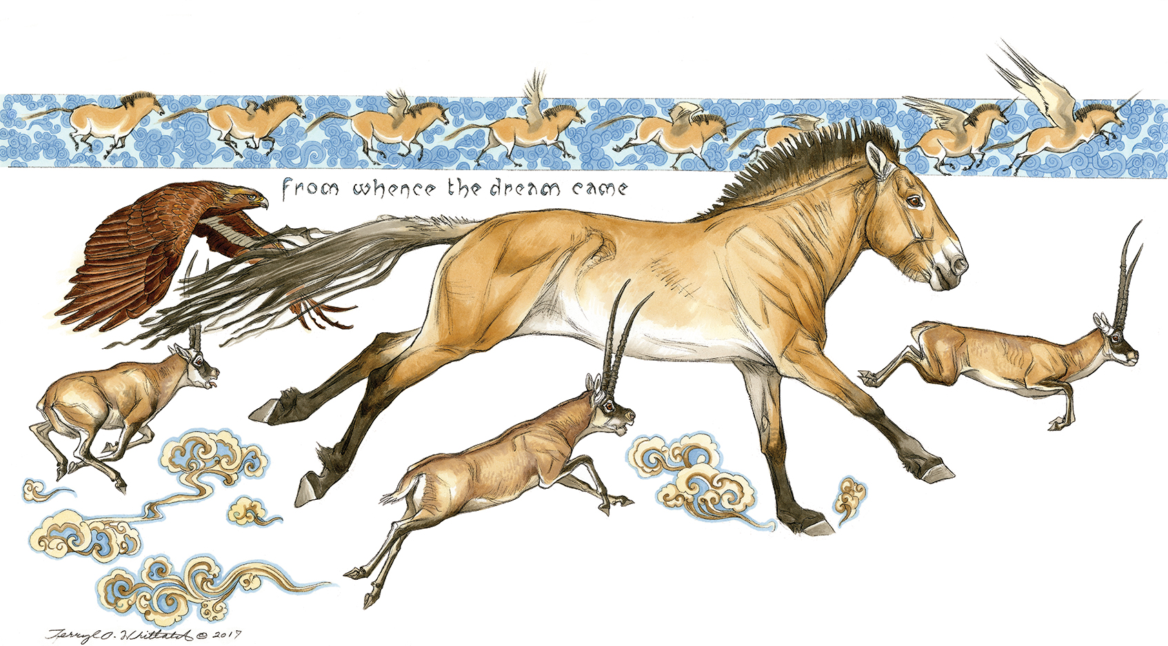 "The Mongolian Wild Horse" by Terryl Whitlatch (pencil, Copic sketchmarkers, digital photocopier and digital)