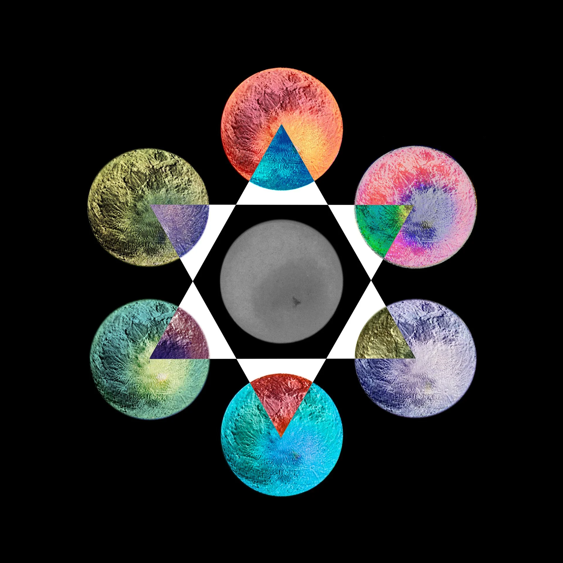 a color wheel made up of a gray sphere in the center surrounded by six moons in red, magenta, blue-violet, cyan, green and yellow.