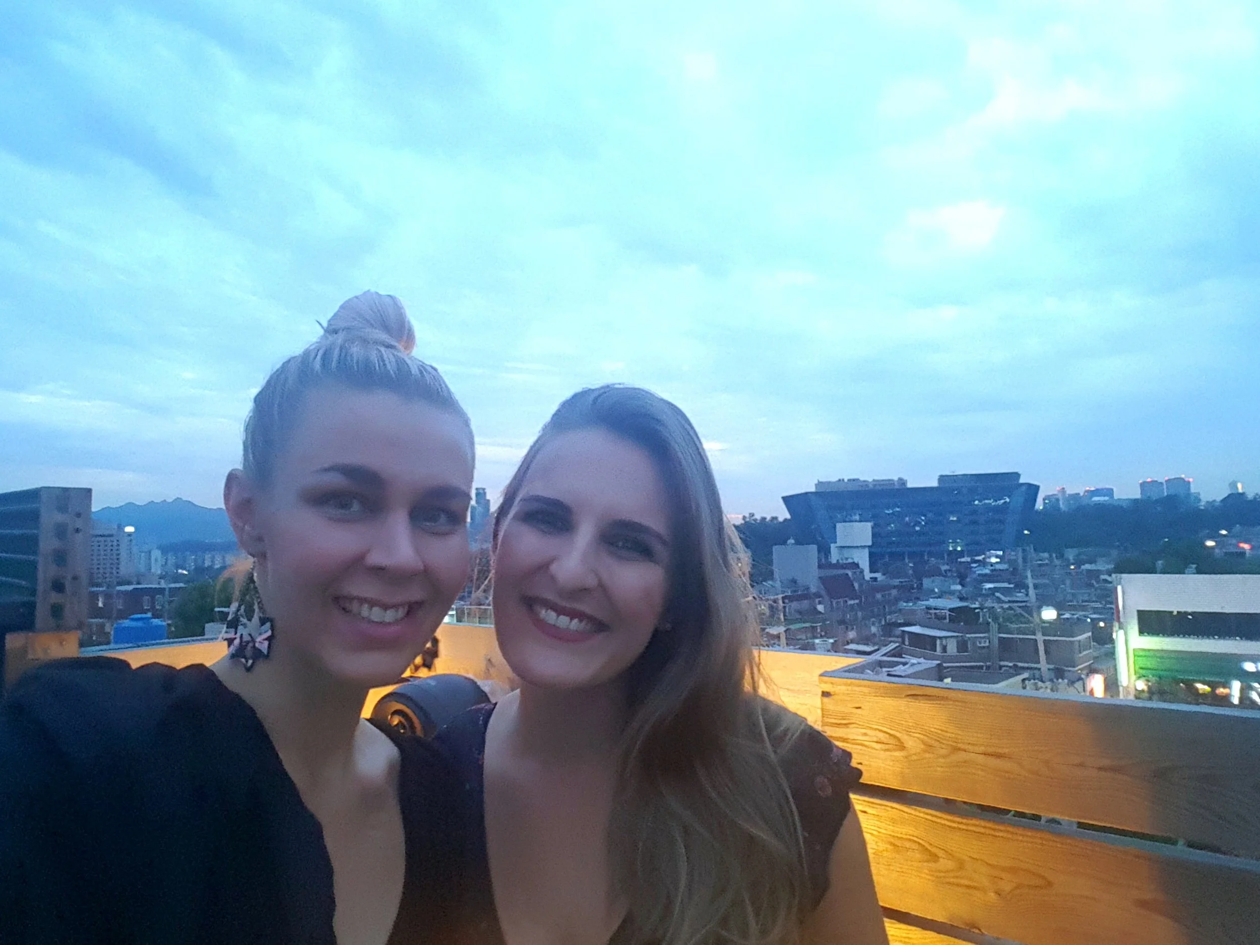 Rooftop party in Itaewon with Ina. Caraluna earrings by You Complete Me, bolero by Vestiarium. 