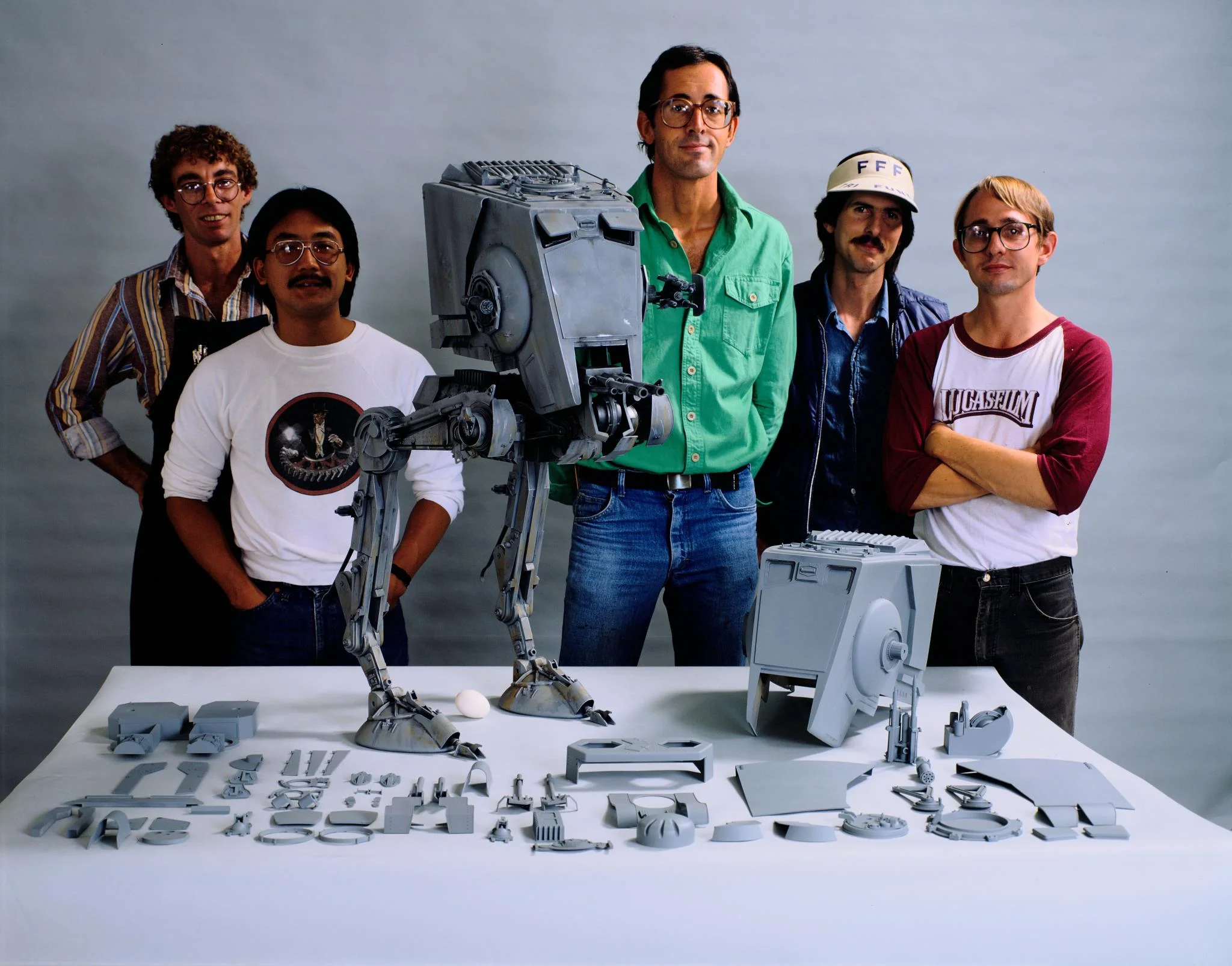 Pictured here, original ILM crew with finished AT-ST model for Star Wars: Return of the Jedi.