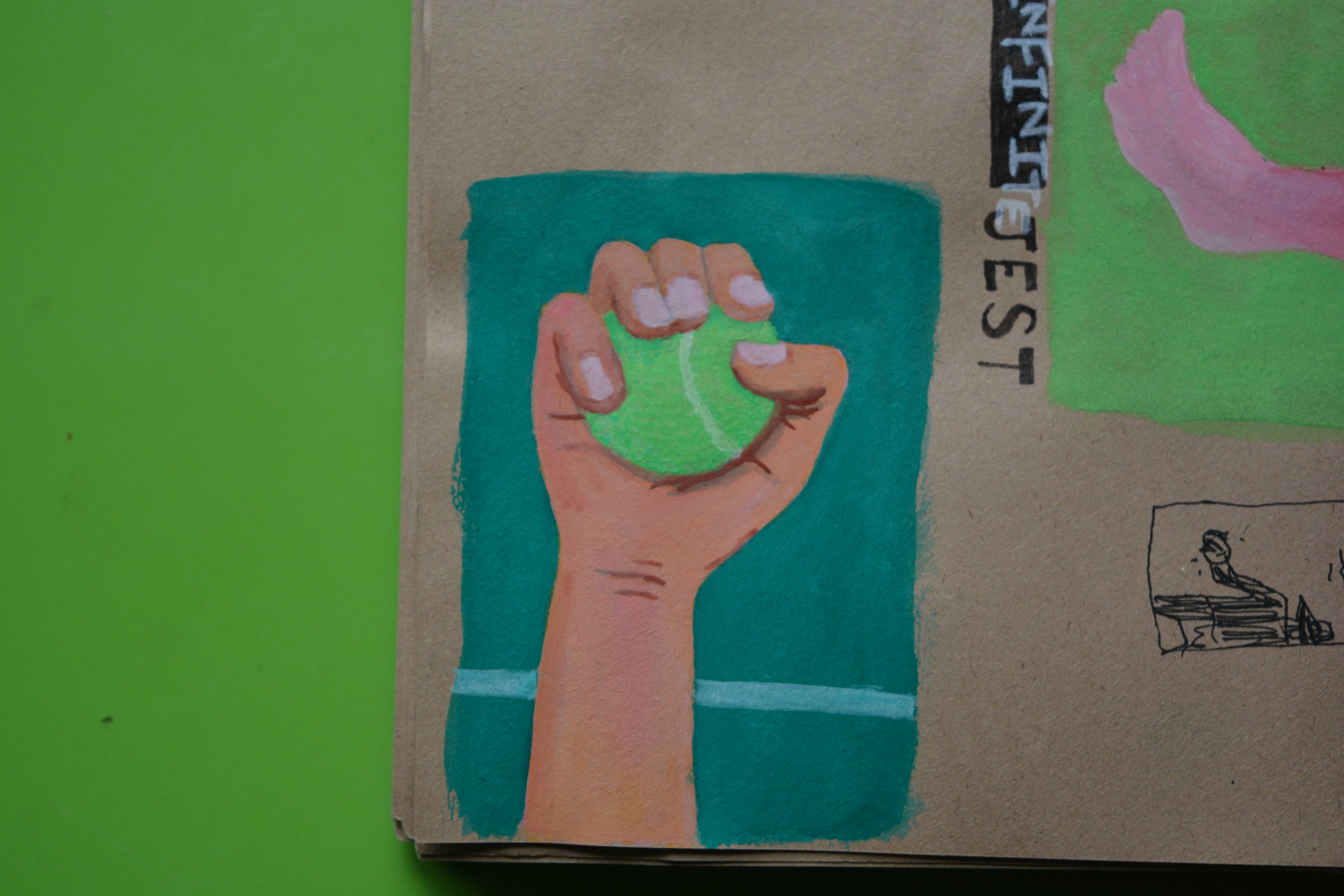  I also played with tennis imagery, especially Images that tie tennis and addiction. This image is a reference to the ETA kids idly squeezing their tennis balls. I wanted to make the squeeze look tense and desperate. 