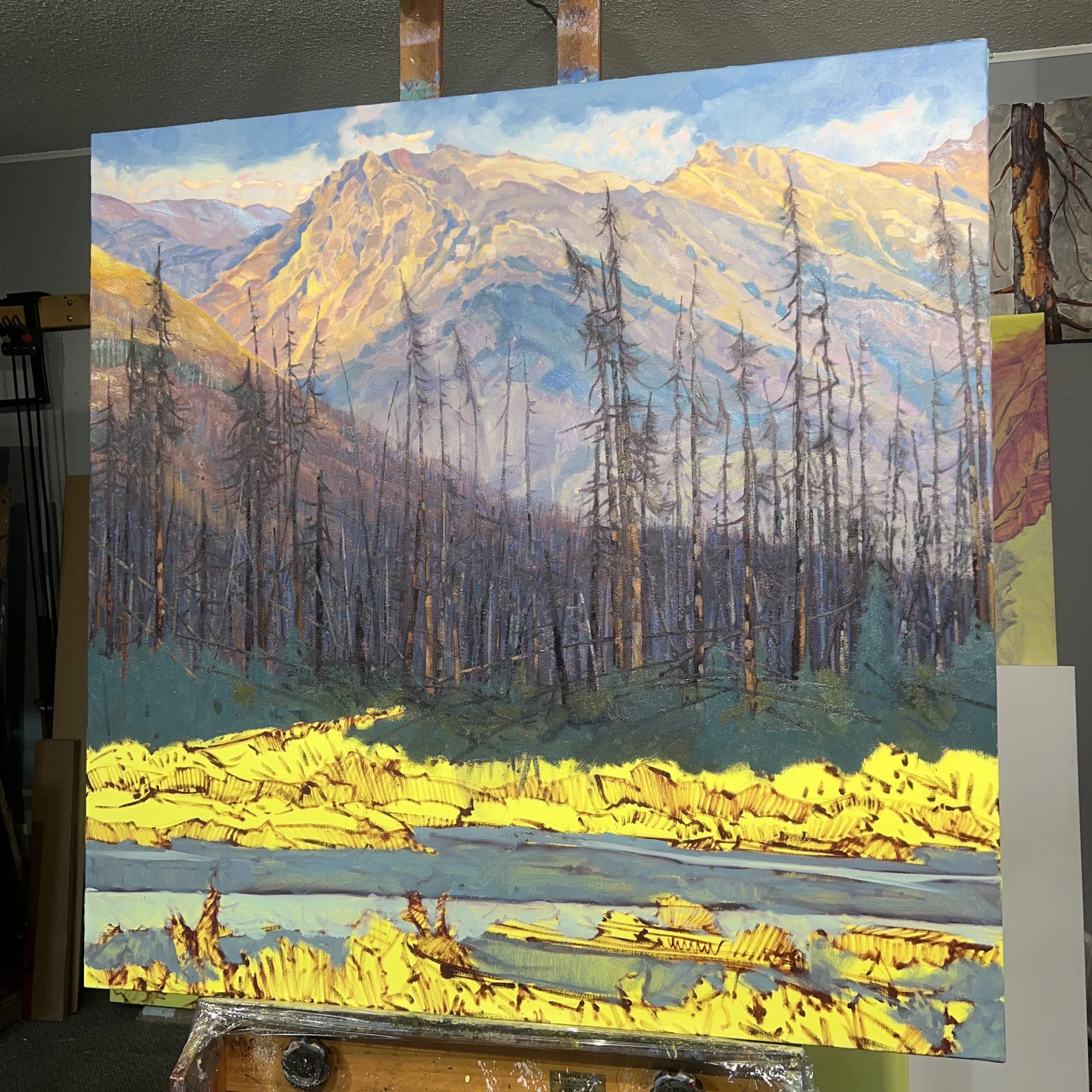 Artist Dominik Modlinski working on an atmospheric mountain landscape painting inspired by Kootenay National Park, British Columbia, developed from plein air studies.