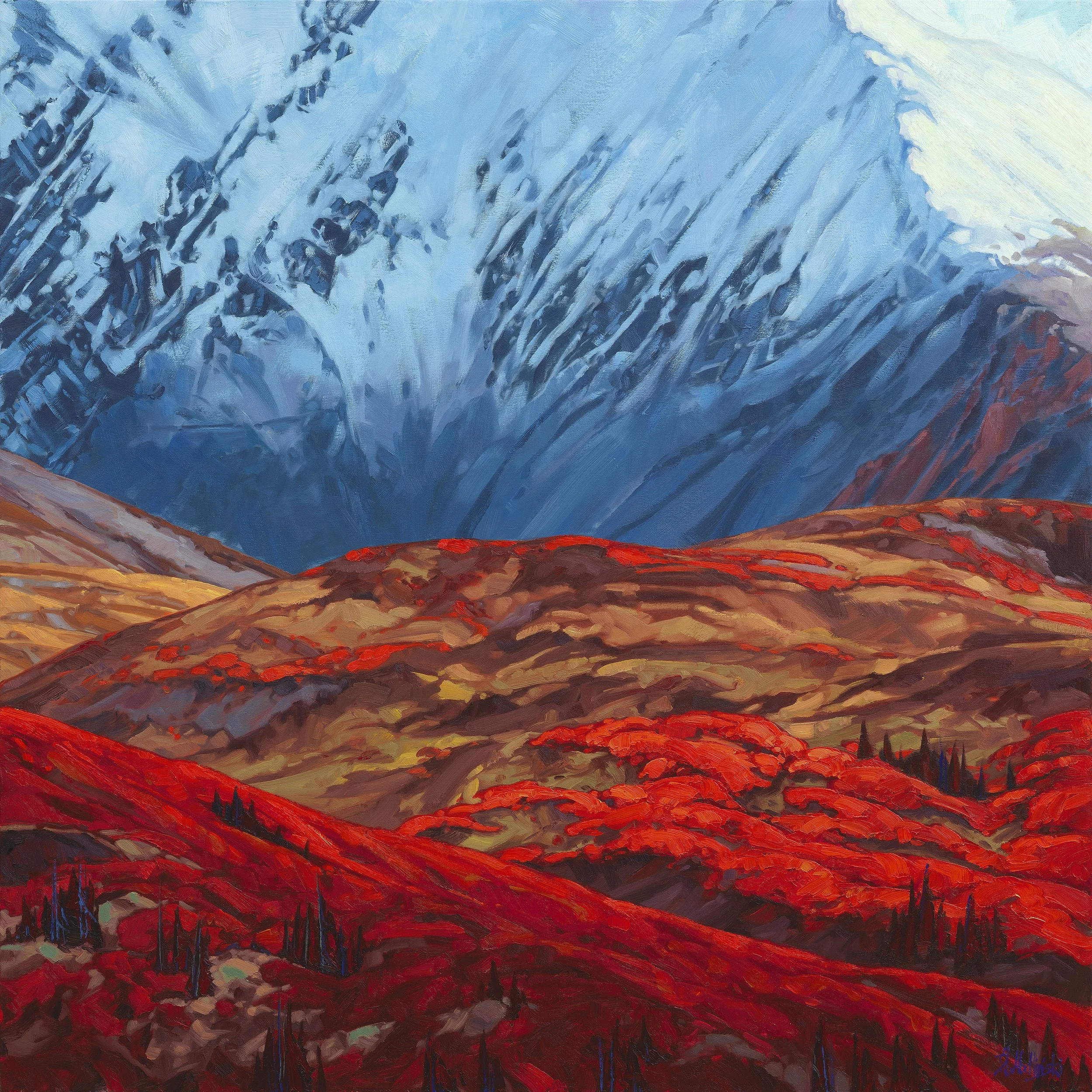 Landscape painting of the Yukon along the North Canol Road, capturing the remote northern wilderness, rolling mountains, and expansive skies.