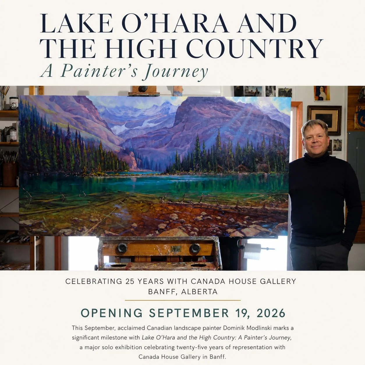 Dominik Modlinski beside his Lake O'Hara landscape painting promoting "Lake O'Hara and the High Country: A Painter's Journey," celebrating 25 years with Canada House Gallery in Banff, Alberta.