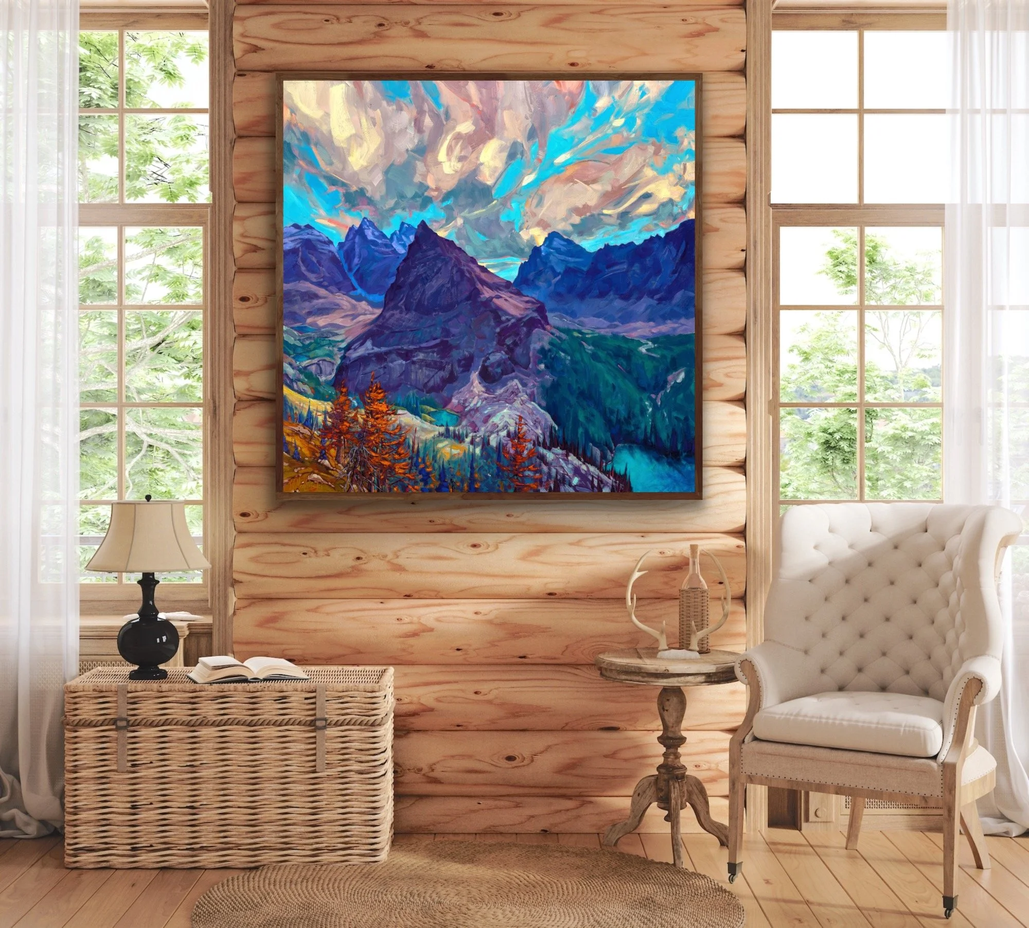 Landscape painting of Lake O’Hara in Yoho National Park during larch season, featuring golden larch trees and surrounding alpine mountains.