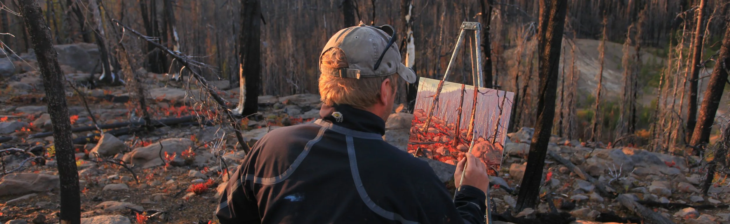 Artist Dominik Modlinski painting en plein air in Tweedsmuir Provincial Park, capturing remote wilderness and dramatic mountain landscapes.