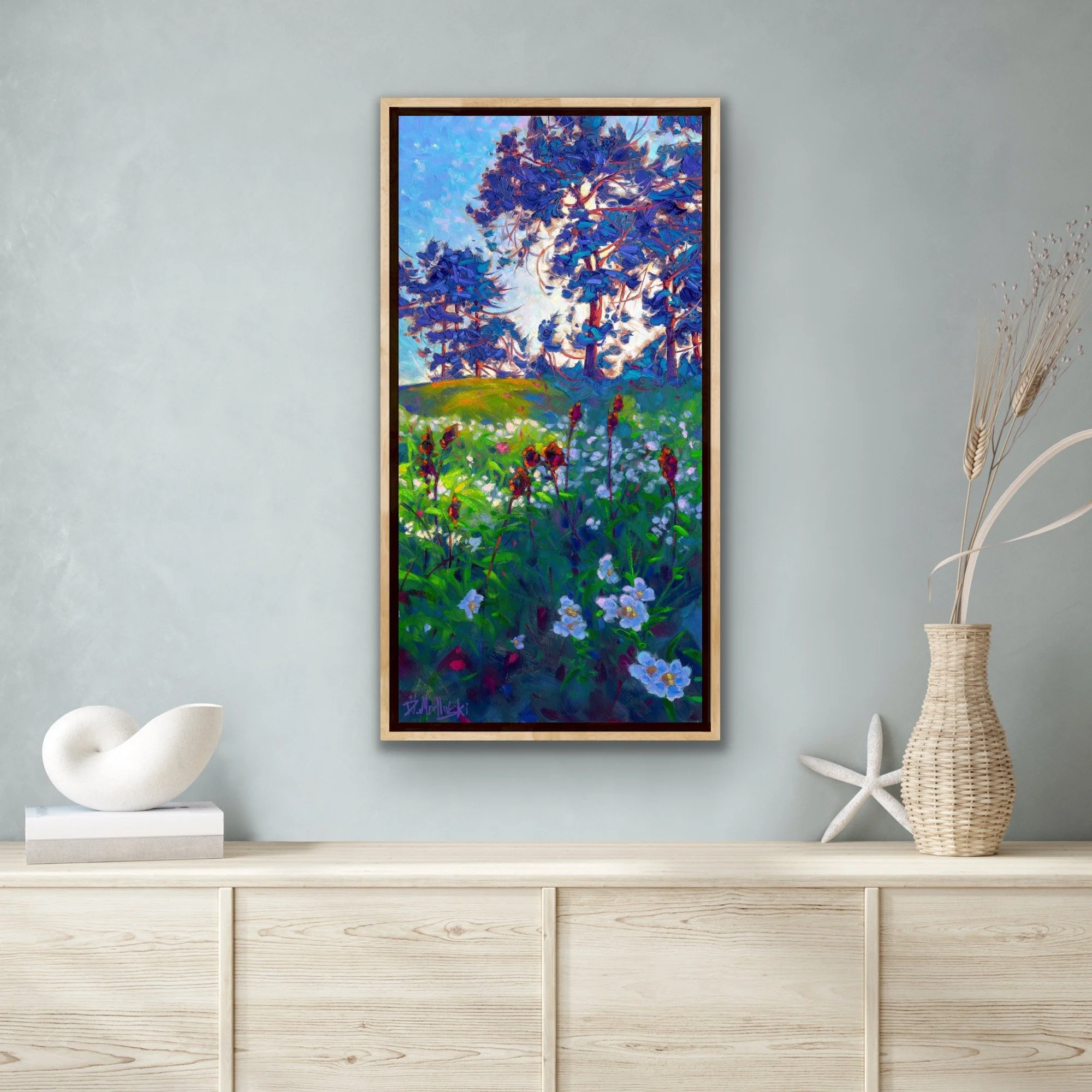 Calm, luminous plein air painting from Pender Island inspired by early spring, where fresh salty air, balanced colour, and quiet coastal space create a sense of equilibrium.