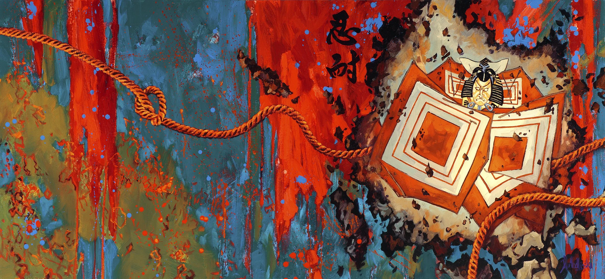 Ancient Japan landscape painting by Dominik Modlinski featuring a traditional temple nestled among misty mountains and atmospheric light