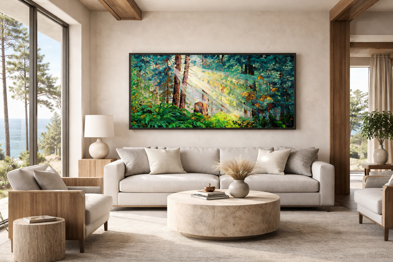 Coastal living room with forest artwork.png