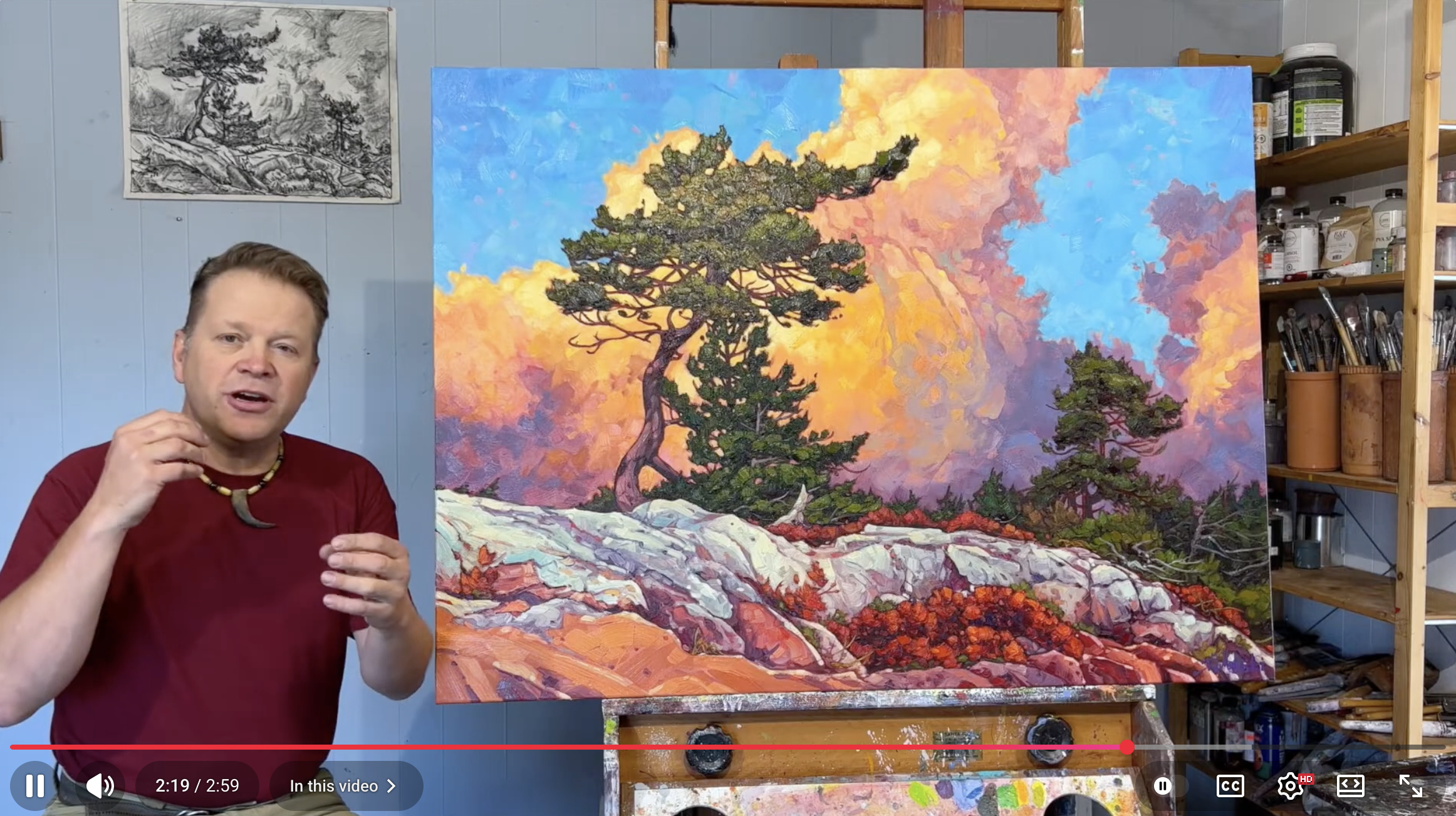 Canadian landscape artist Dominik Modlinski in his studio discussing his Northern Ontario oil painting.