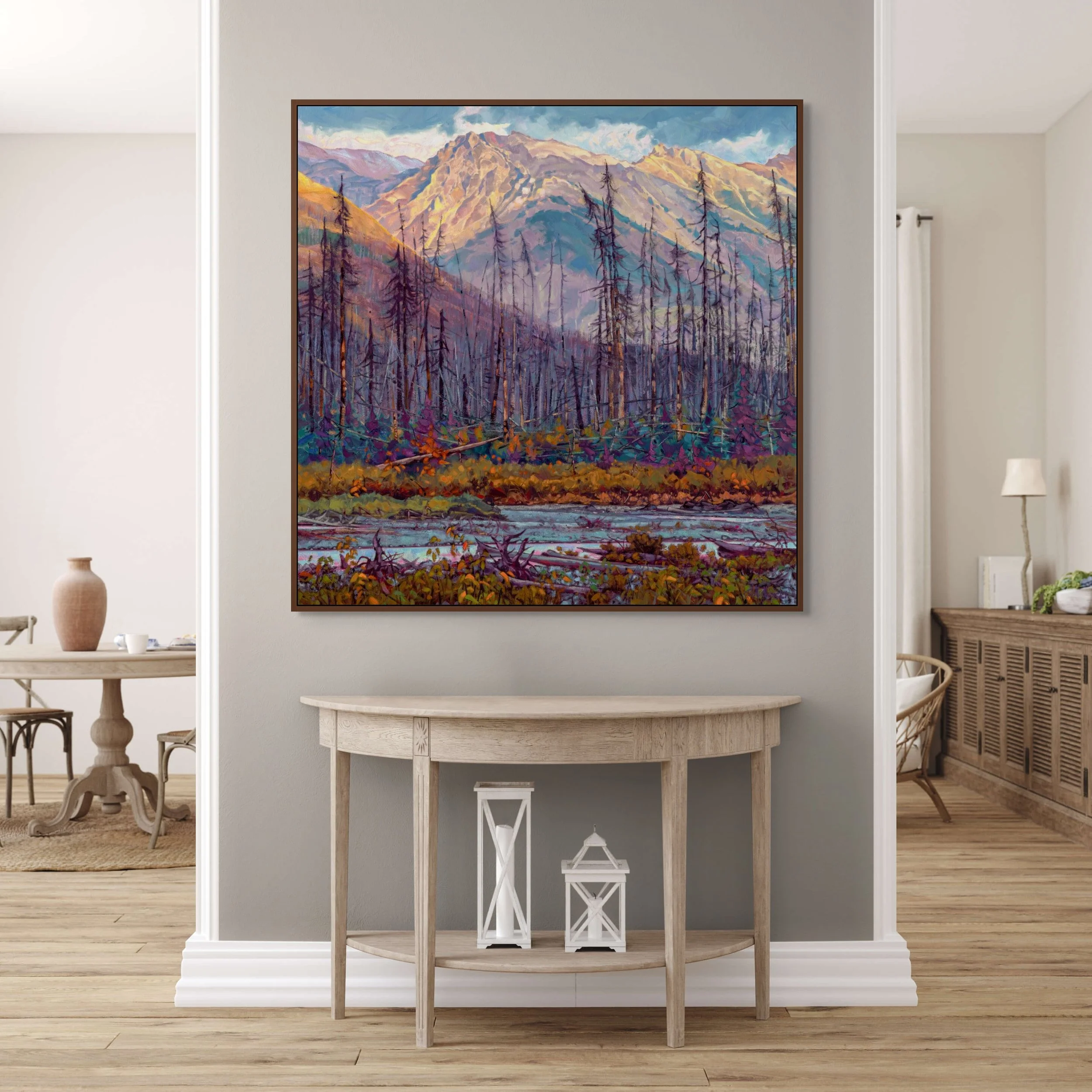 Large studio landscape painting of the Canadian Rockies in Kootenay National Park, featuring rugged mountains, river valley, and dramatic natural light.