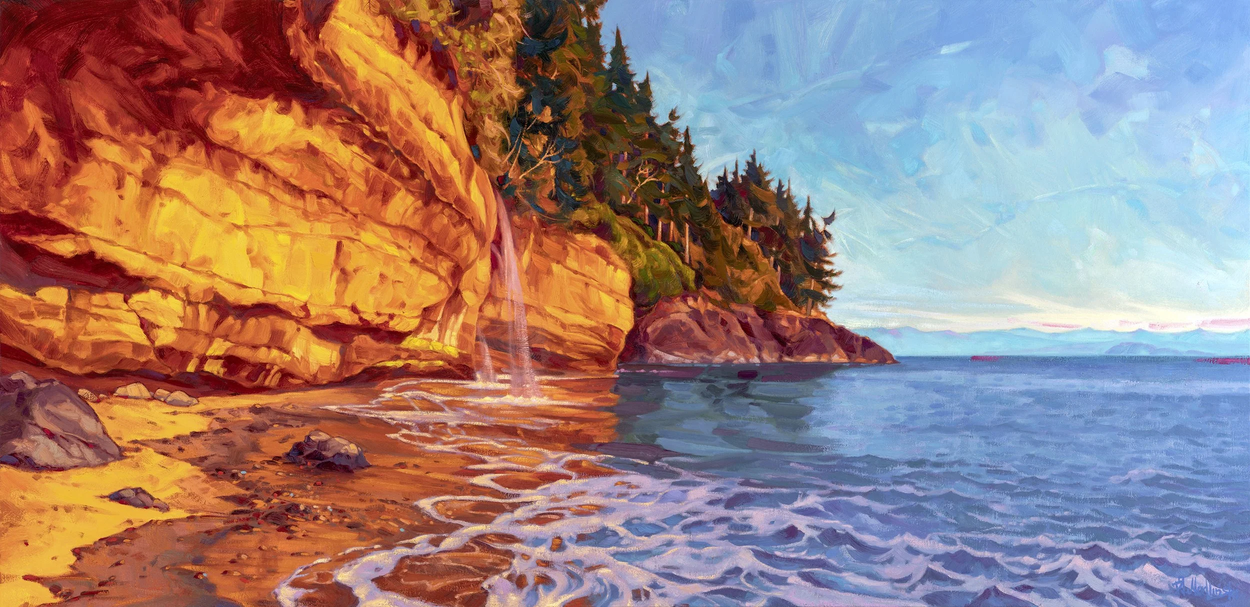 Original landscape painting of Canada’s West Coast with ocean, forest, and coastal light by artist Dominik Modlinski