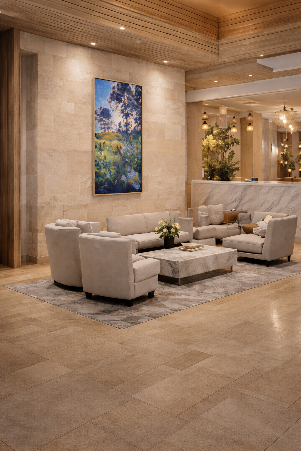Elegant hotel lobby with vibrant painting.png