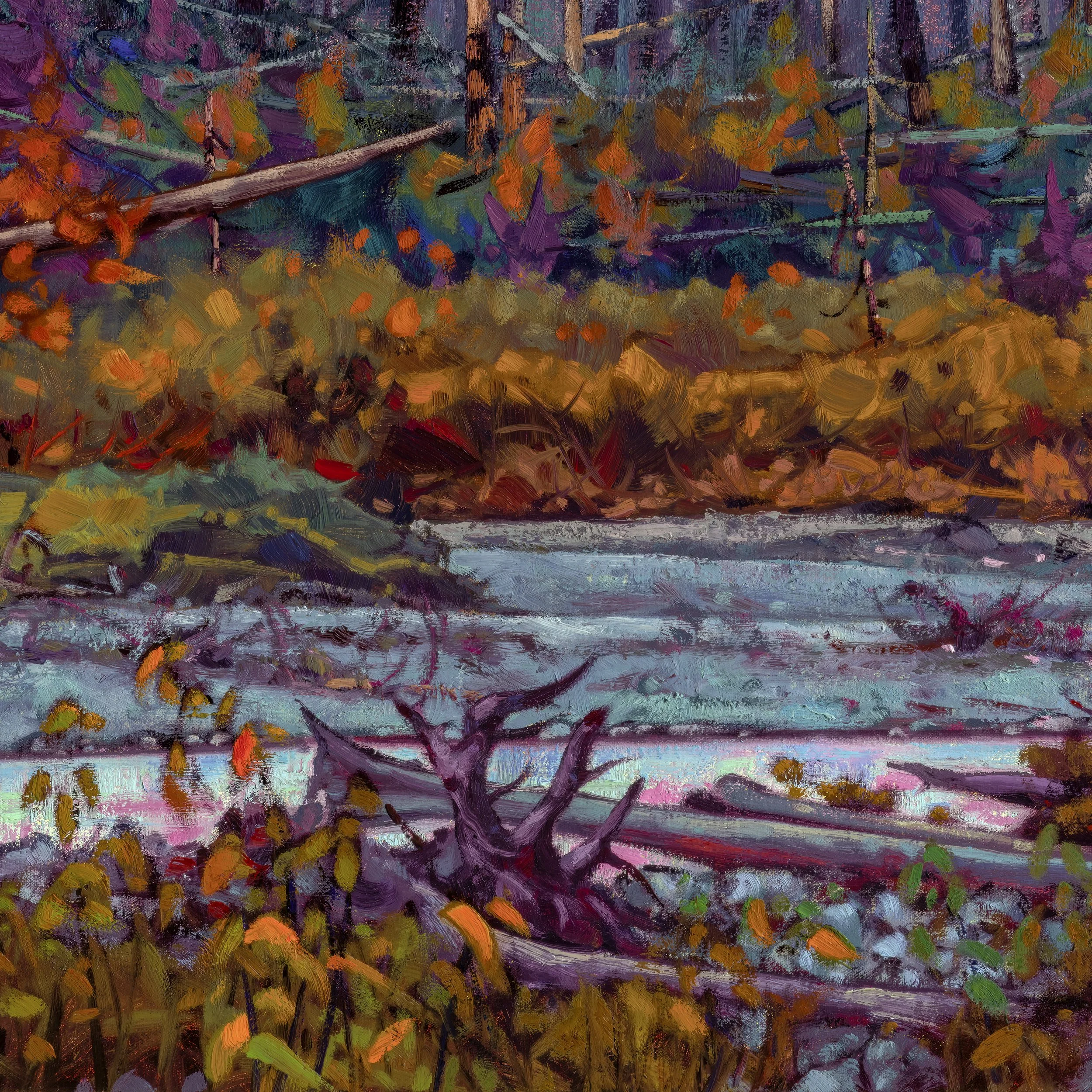 Close-up detail of a Canadian Rockies studio painting by Dominik Modlinski, showing expressive brushwork and mountain textures.