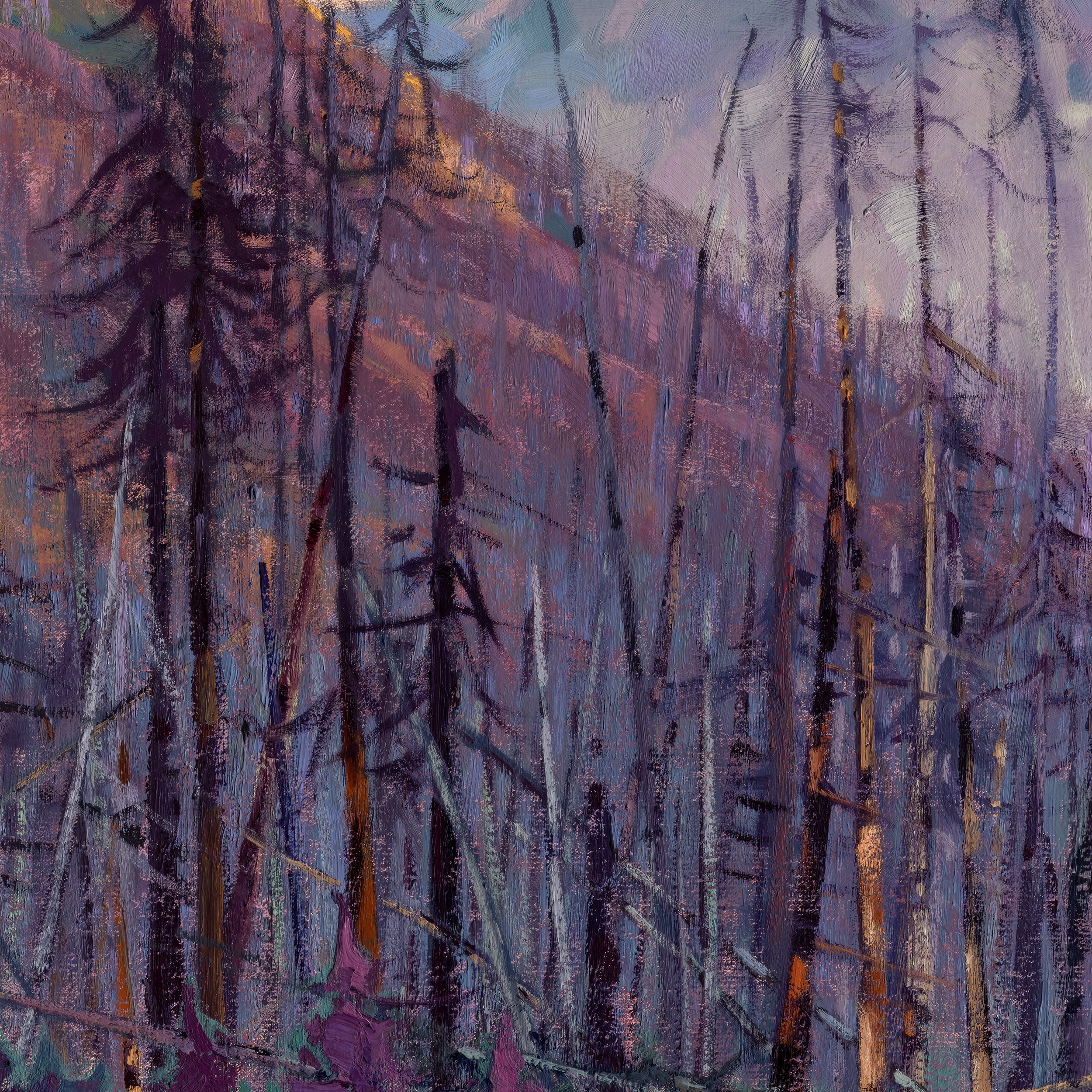 Detail view of a studio landscape painting of the Canadian Rockies by Dominik Modlinski, highlighting colour, texture, and brushwork.