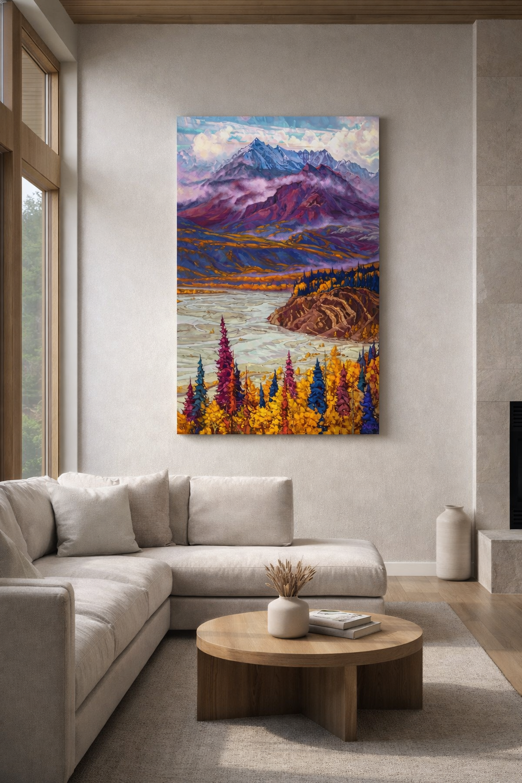 Contemporary living room with mountain painting.png