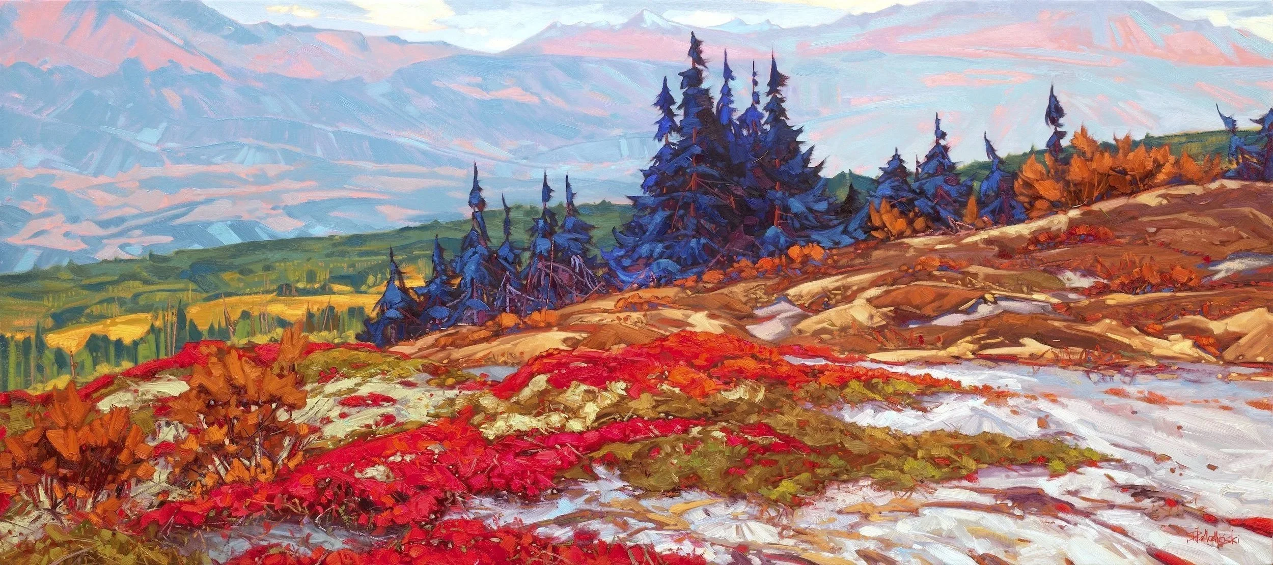 Contemporary Canadian wilderness landscape painting by artist Dominik Modlinski featuring mountains, light, and dramatic atmosphere