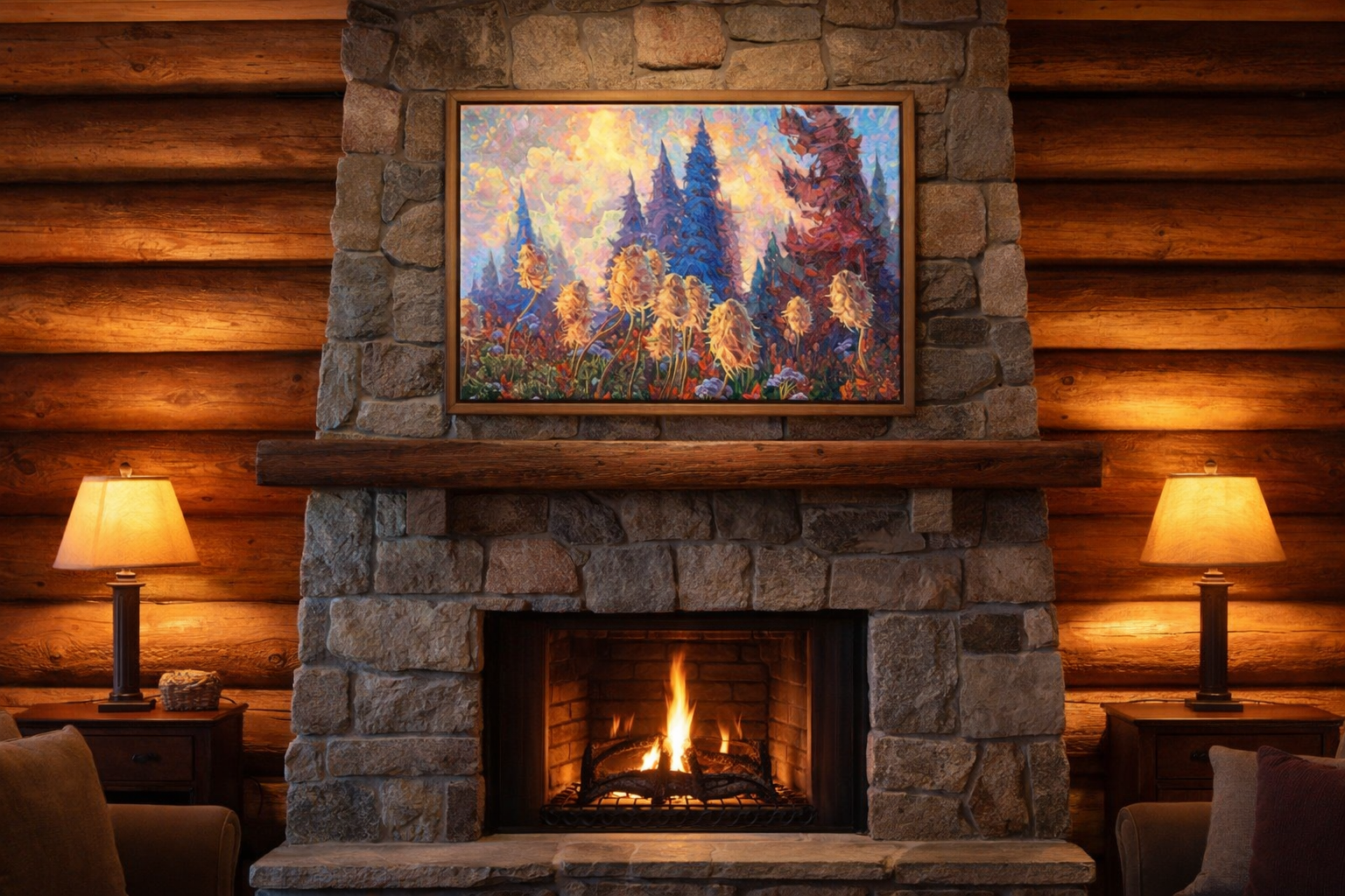 Cozy log cabin with alpine painting.png