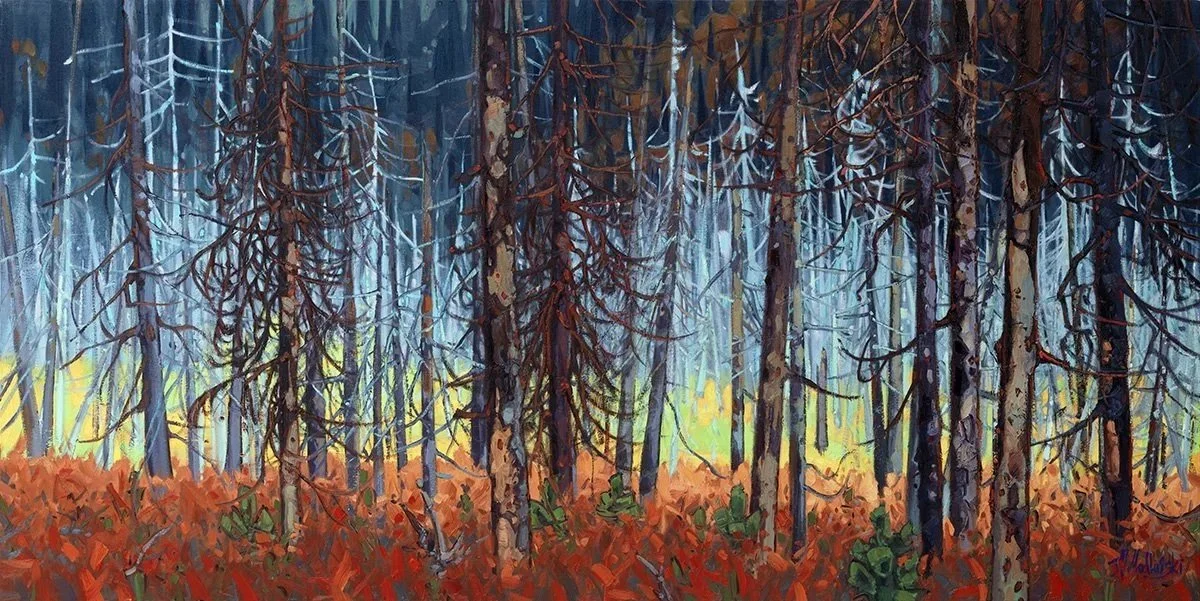 Oil painting by Dominik Modlinski depicting a forest fire in the Yukon wilderness, with dramatic skies and rugged northern landscape.