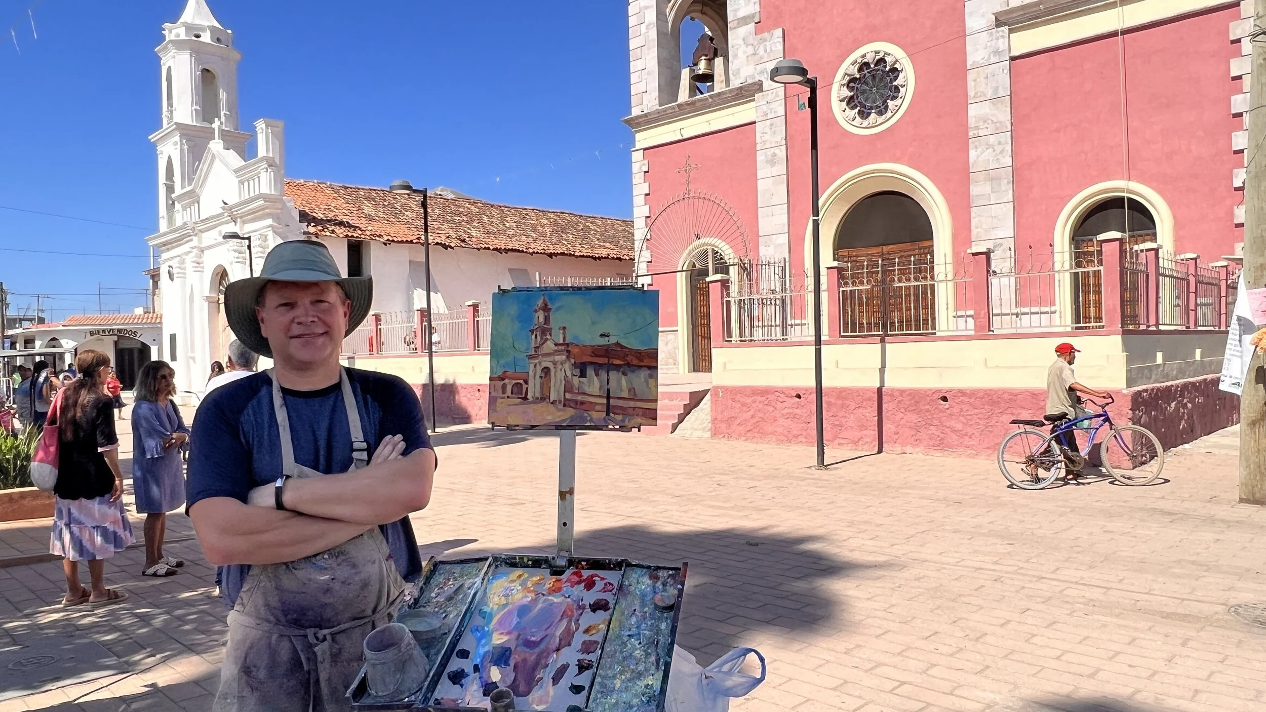 Dominik Modlinski demonstrating plein air landscape painting during his Mexico oil and acrylic painting workshop at Casa Buena, February 2027.