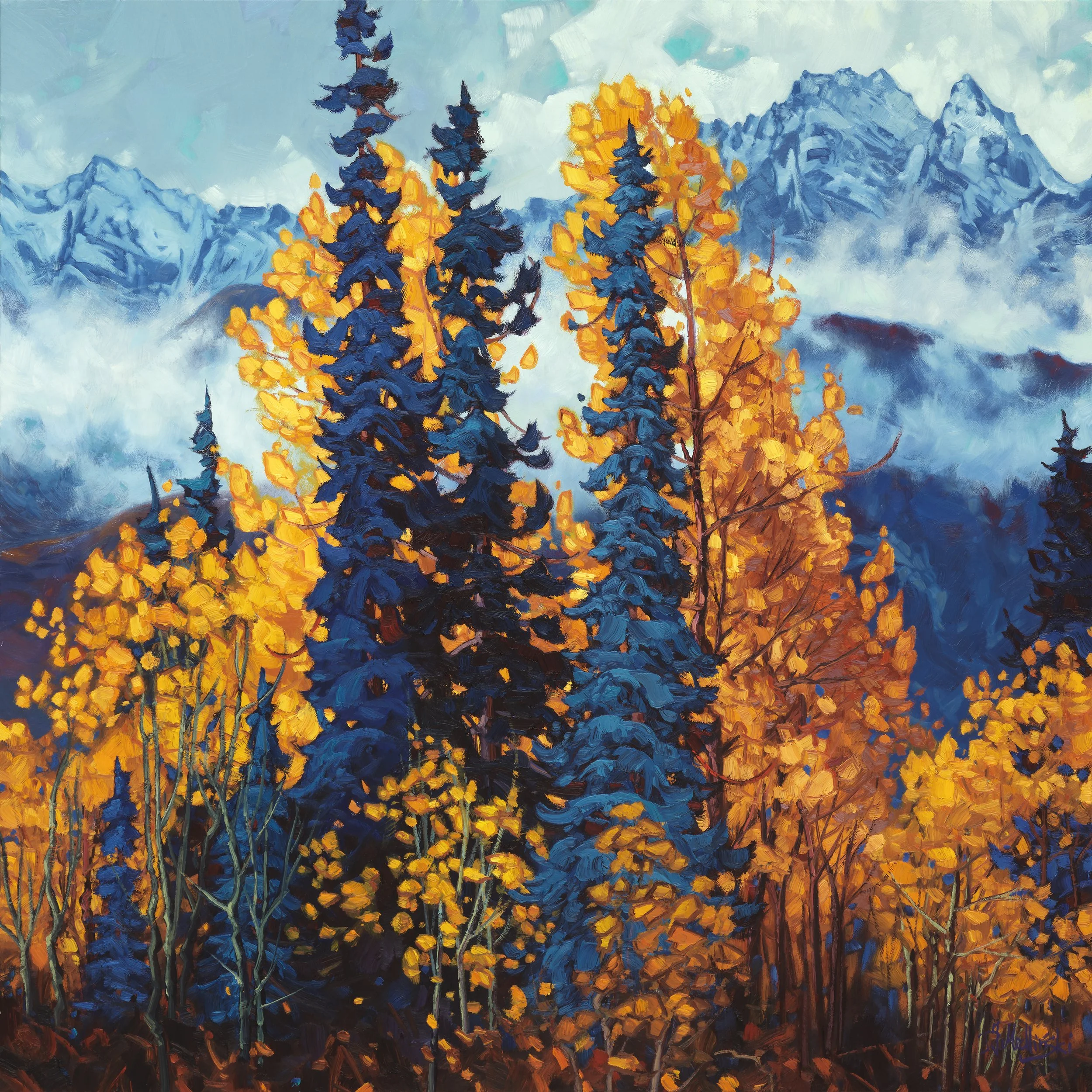 Autumn landscape painting of Alaska with aspen trees turning yellow, set against rugged northern terrain and seasonal fall light.