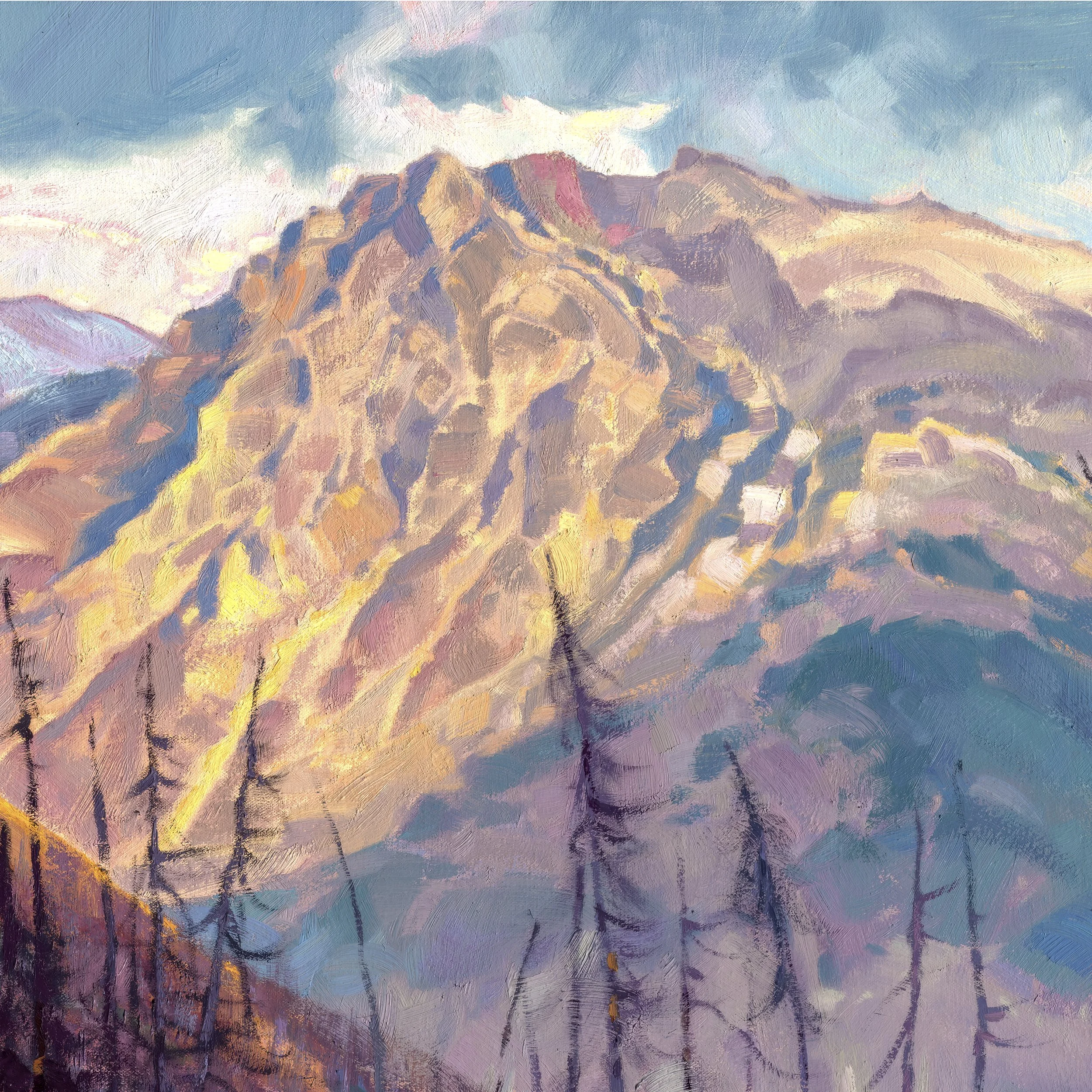 Detail of a studio landscape painting of the Canadian Rockies by artist Dominik Modlinski, showing textured brushwork and mountain forms.