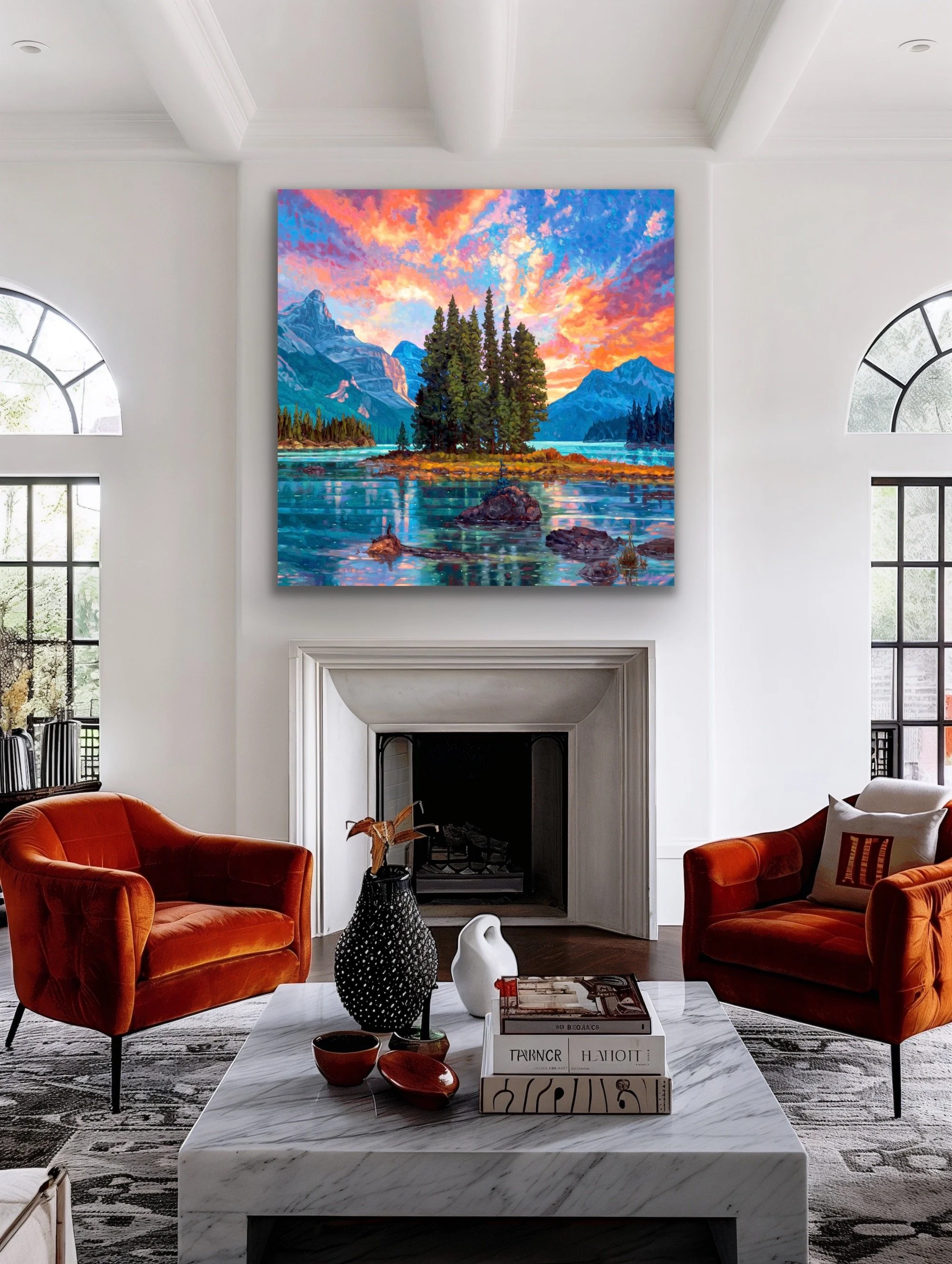 Artist Dominik Modlinski working in his studio on a commissioned landscape painting