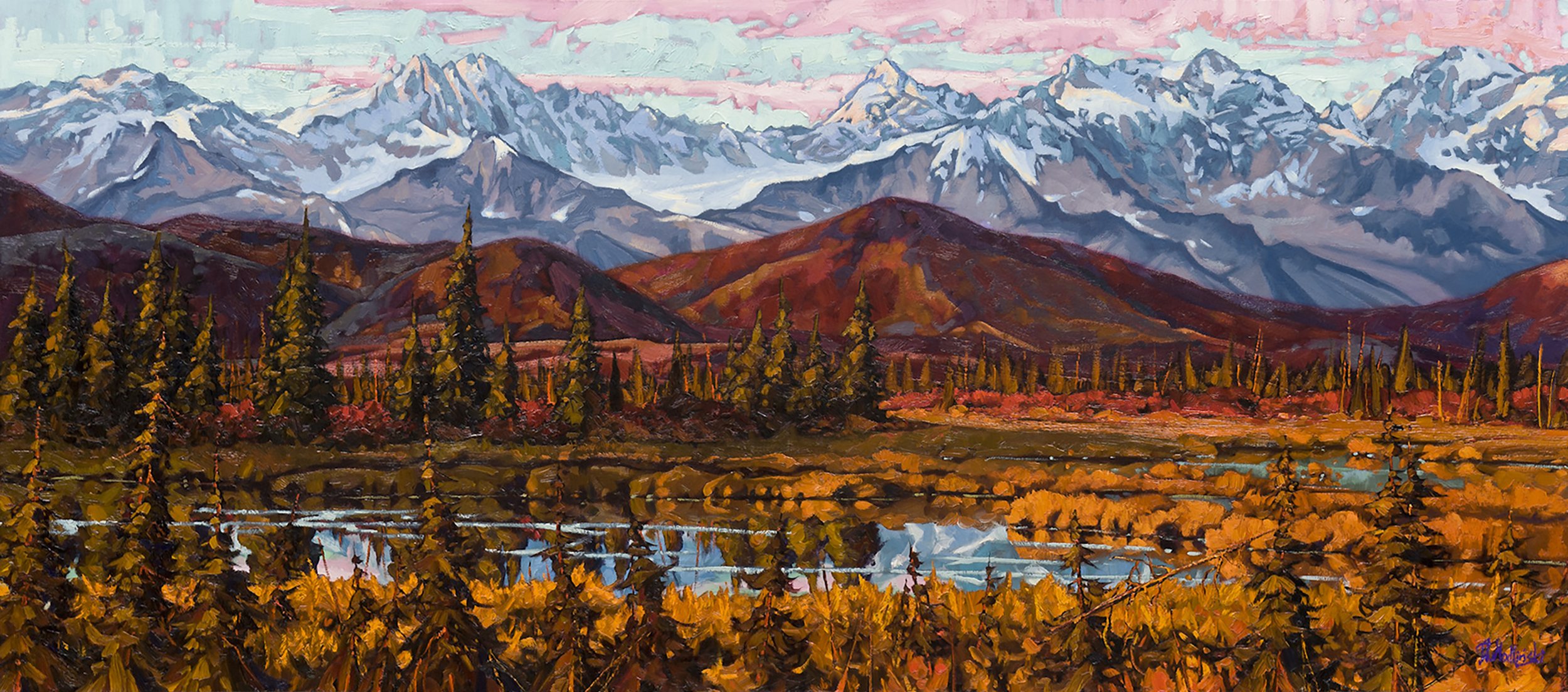 Painting of the Denali Range in Alaska by artist Dominik Modlinski, depicting dramatic alpine peaks and expansive northern wilderness.