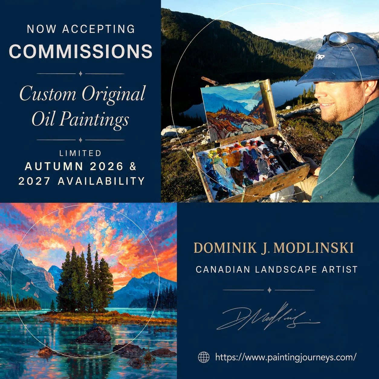 Custom original oil painting commissions by Canadian landscape artist Dominik J. Modlinski. Museum-quality commissioned landscape paintings inspired by the Canadian Rockies, Yukon, and British Columbia wilderness.