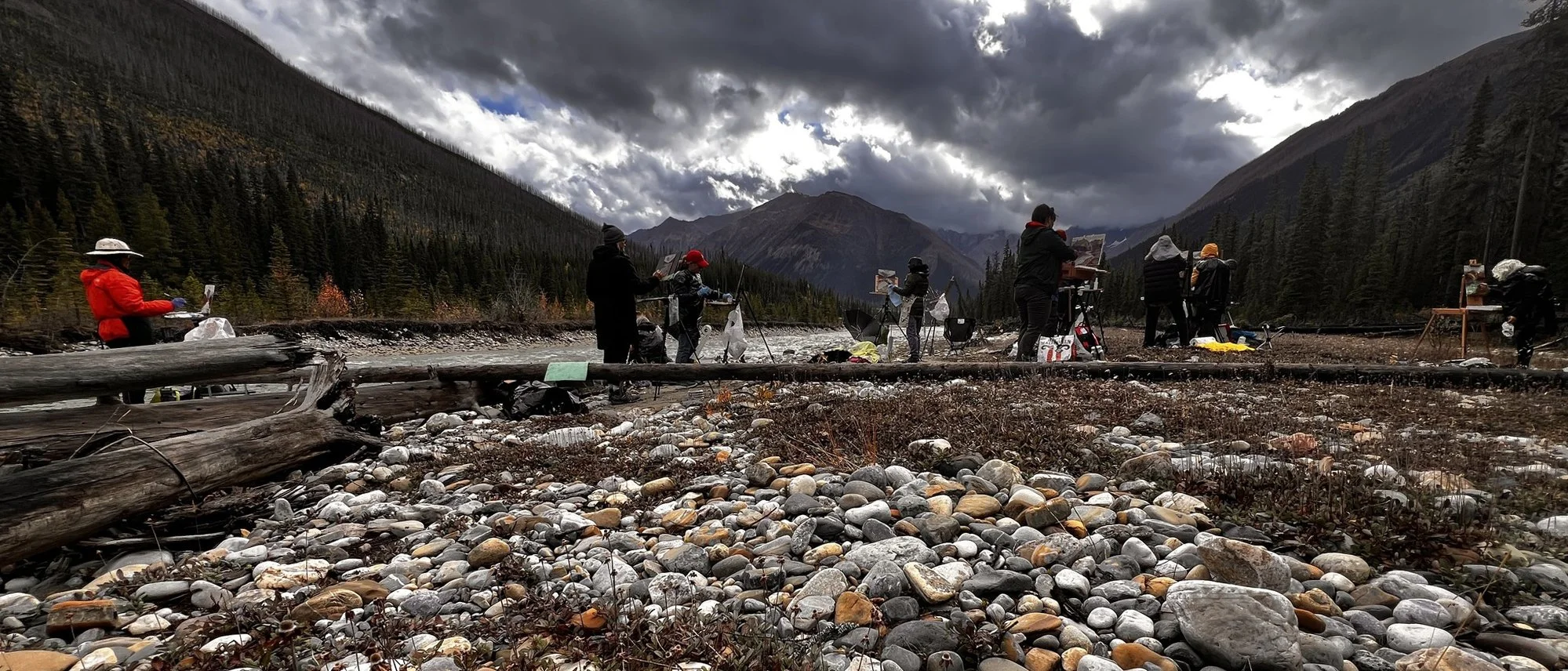 Plein air landscape painting workshop in the Alberta Rockies, featuring Canmore, Banff, and Bow Valley, teaching artists how to paint alpine scenery outdoors.