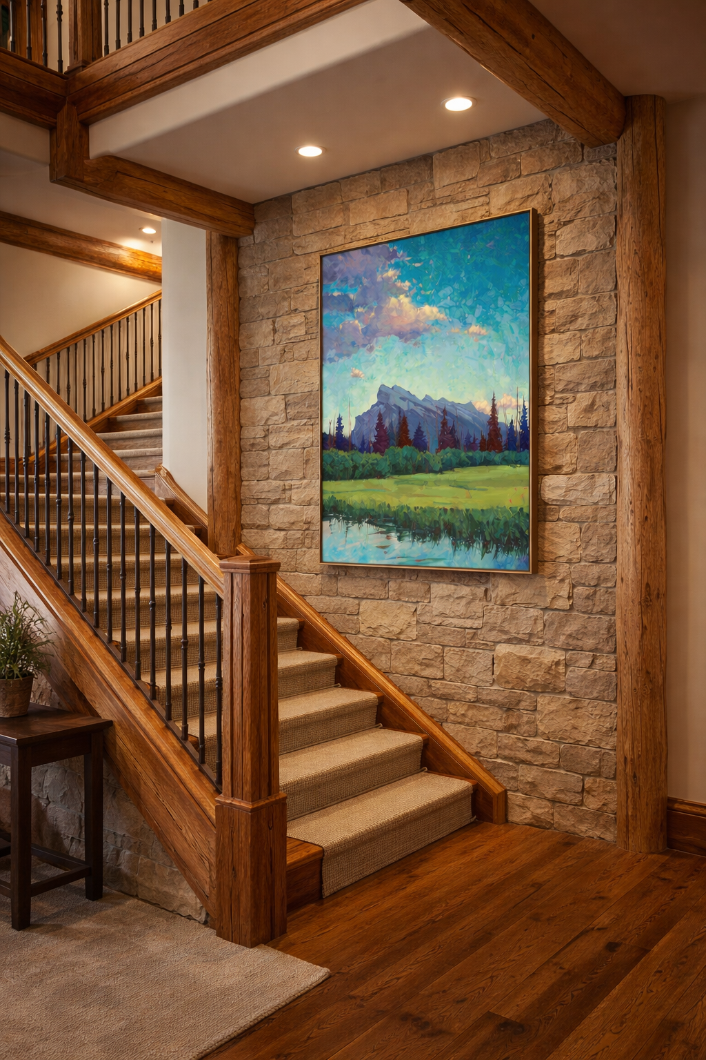 Elegant alpine-style staircase and painting.png