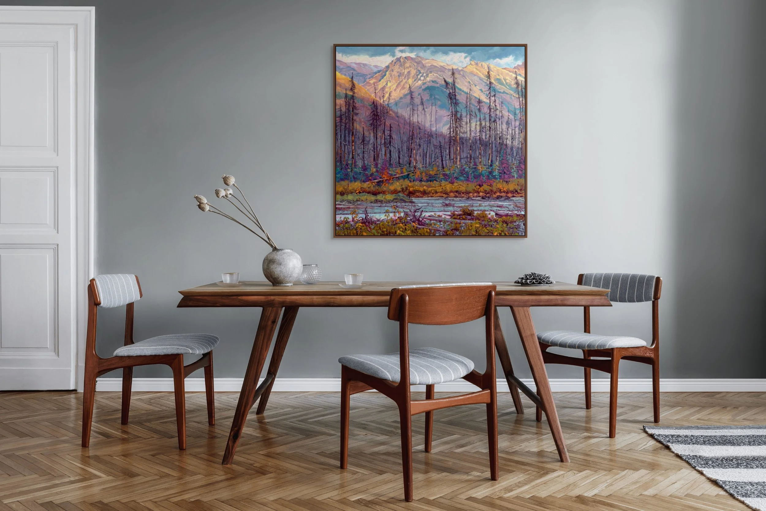 Large oil painting of the Kootenay River flowing through the mountains of Kootenay National Park in the Canadian Rockies.