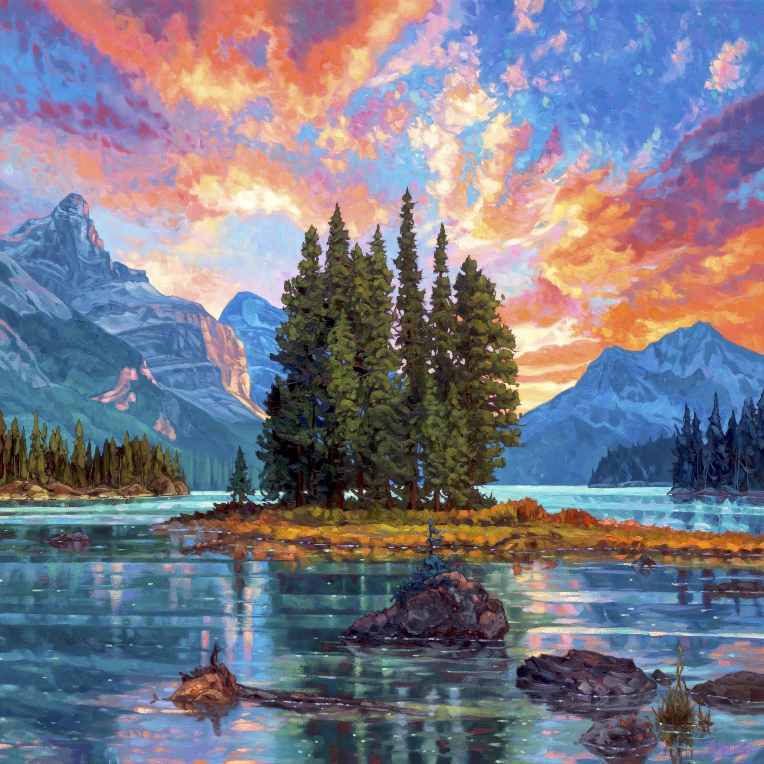 Landscape painting of Spirit Island on Maligne Lake in Jasper National Park, Alberta, featuring calm turquoise water and surrounding mountain scenery.