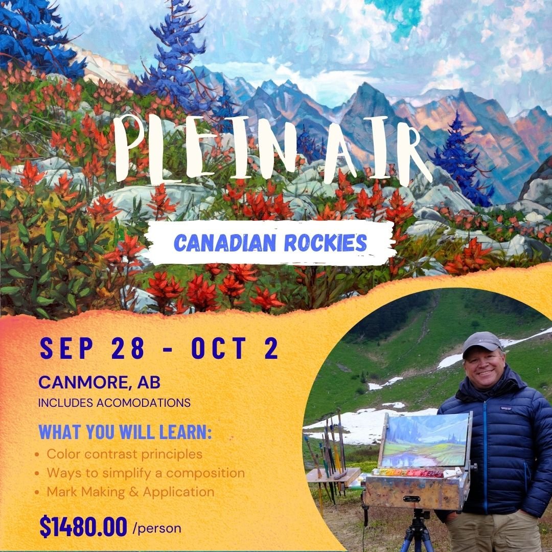 Plein air painting workshop in Canmore and Bow Valley, Alberta, held in September, with artists painting mountain landscapes outdoors.