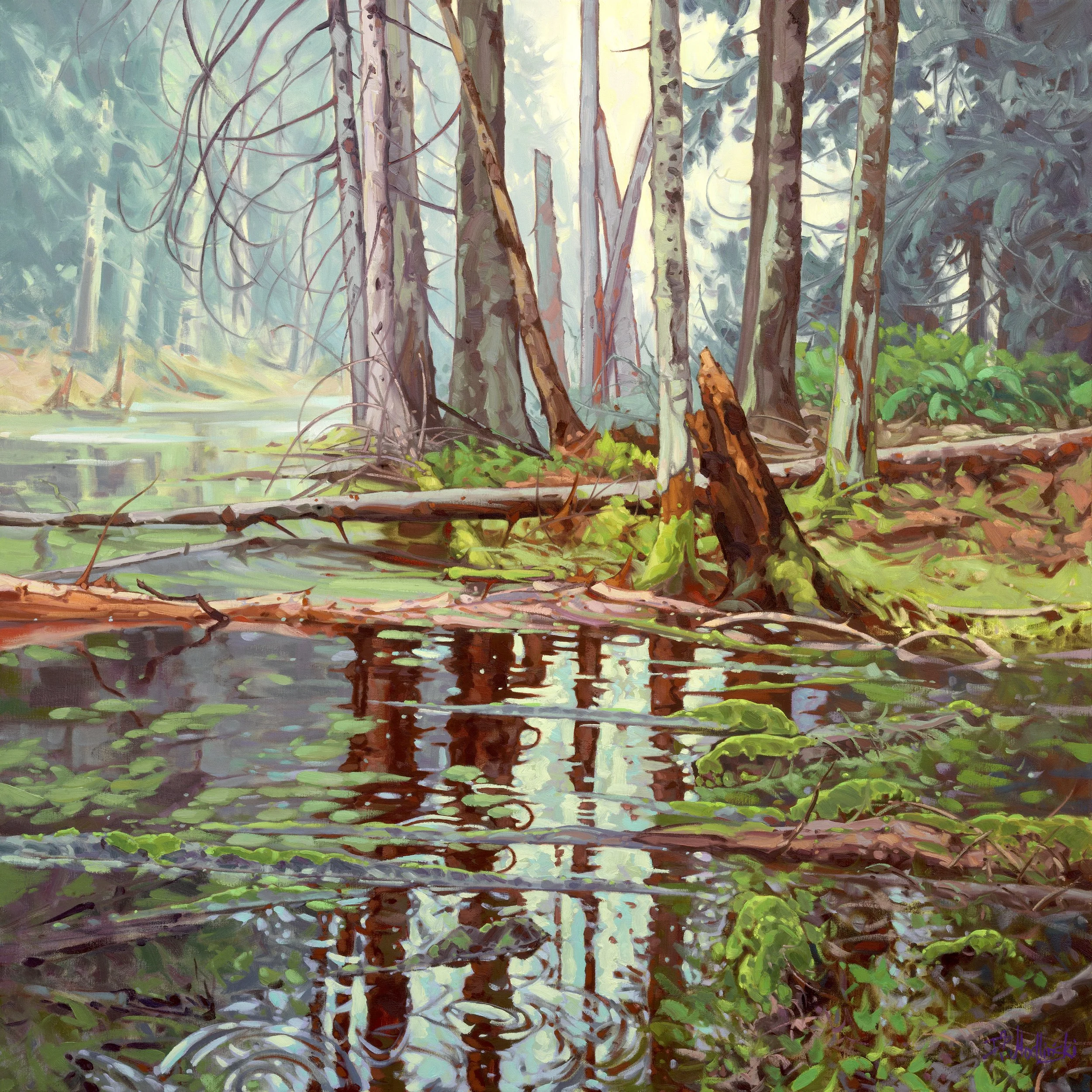 Landscape painting of the lush rainforest on Vancouver Island, depicting towering trees, dense foliage, and the rich atmosphere of Canada’s West Coast.