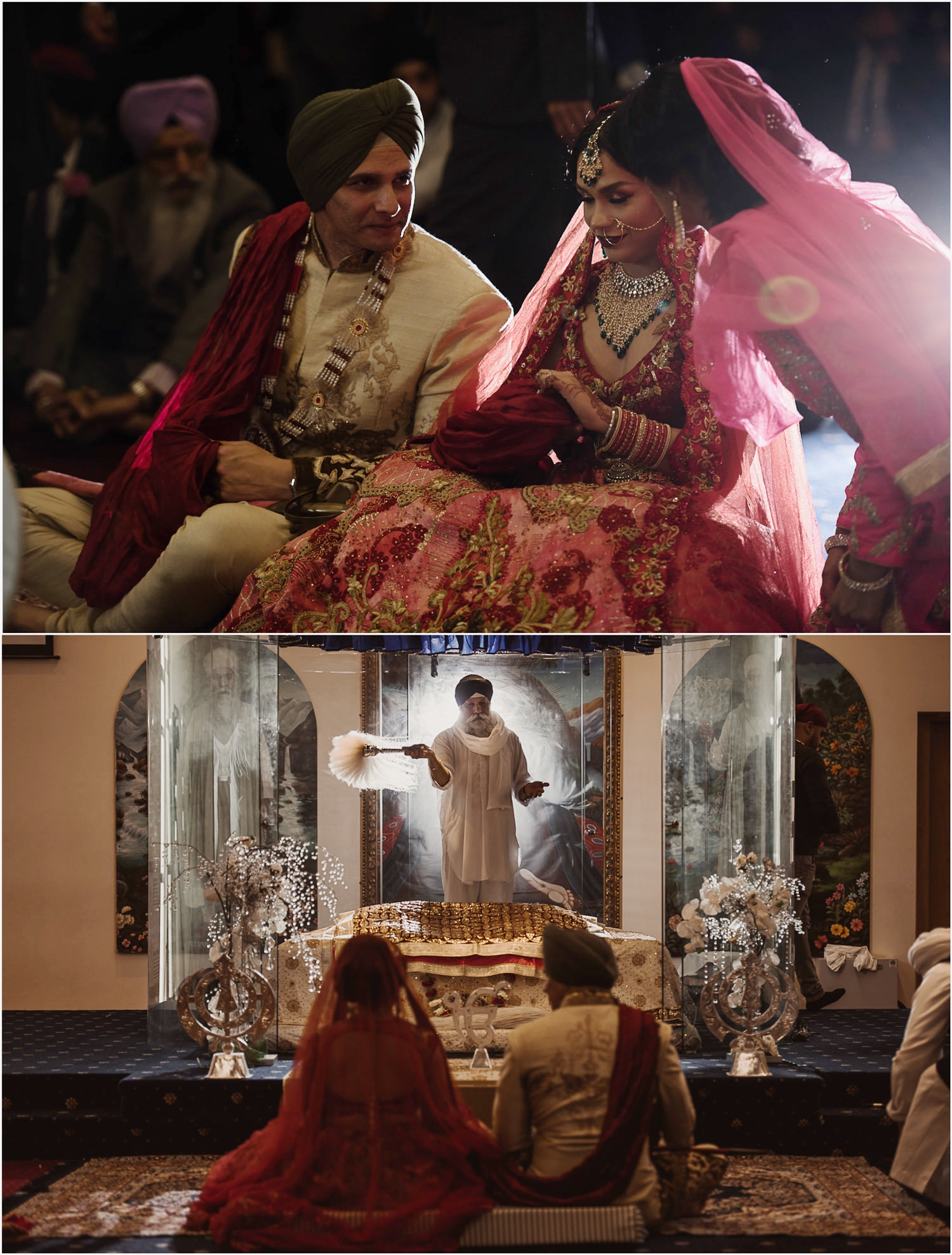 Sikh bride and groom sitting in front of guru granth sahib