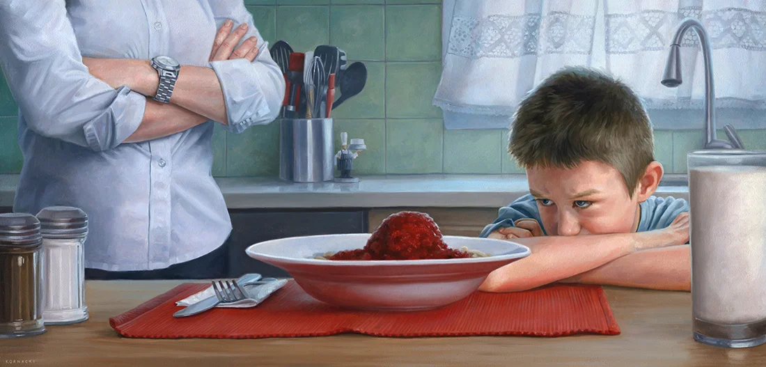 Dinnertime, 11.25” x 23.5 ”, o ils on panel