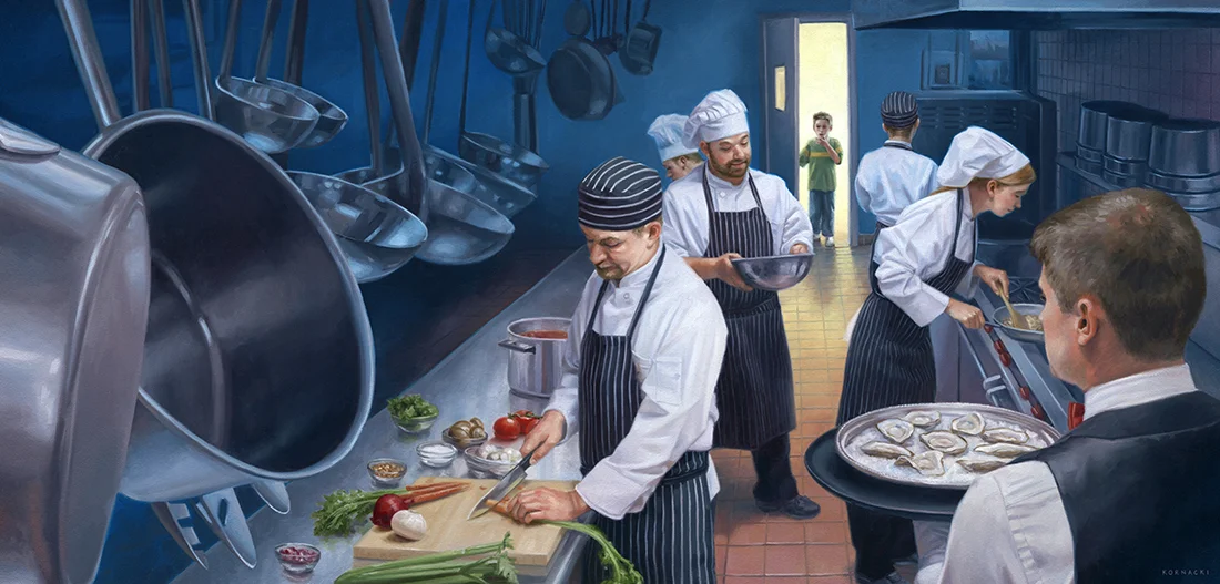 The Midnight Kitchen, 11.25” x 23.5 ” , o ils on panel
