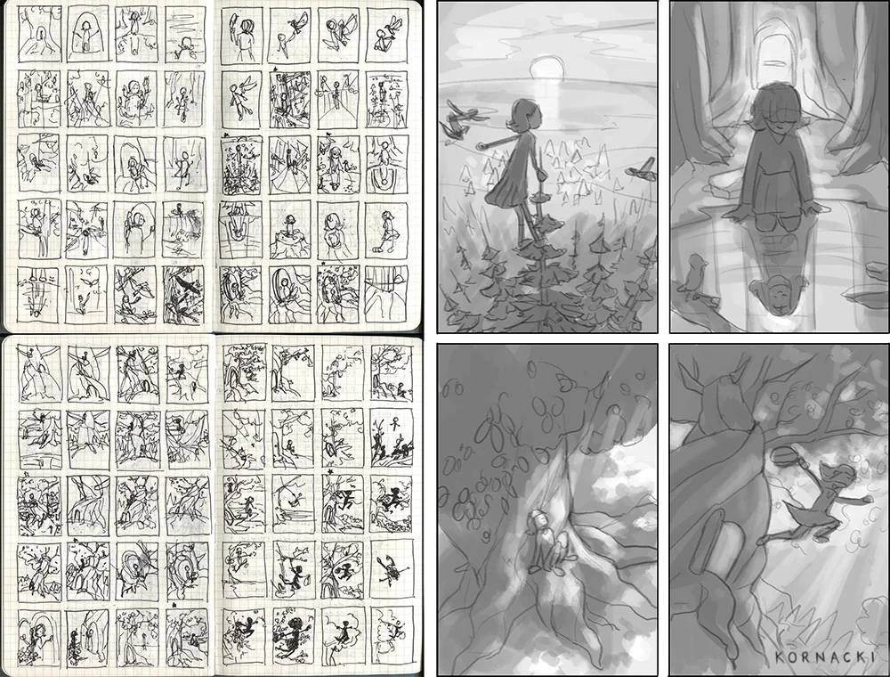 Left: Rough Thumbnail sketches in my sketchbook. Right: Revised digital thumbnail sketches with values
